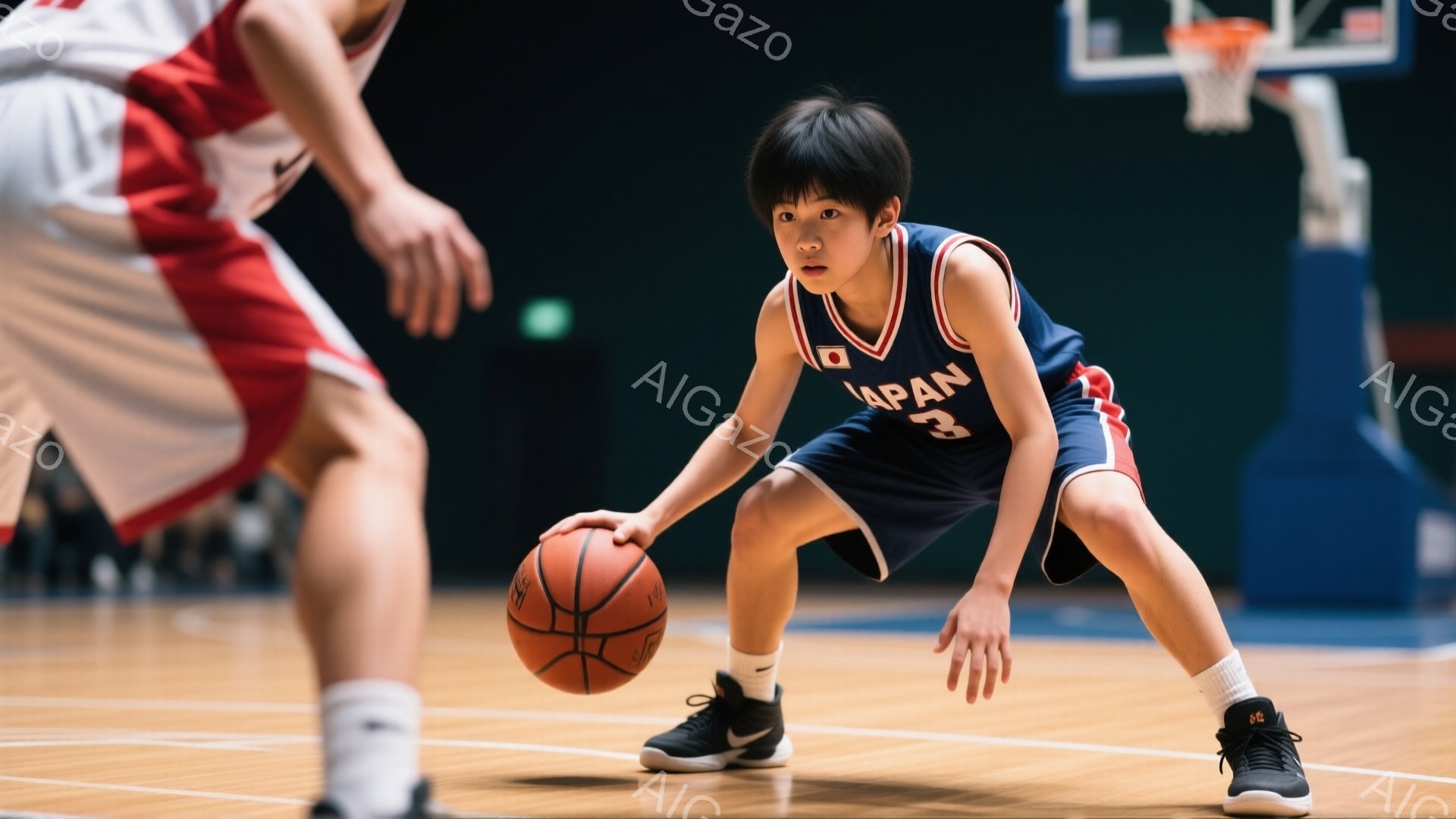 この画像は、バスケットボールコートに立つ少年を捉えています。少年は紺色のジャージに「JAPAN」と書かれたユニフォームと黒い短パン、スニーカーを着用し、ドリブルをしているところです。背景には、他の選手 - AI生成フリー素材