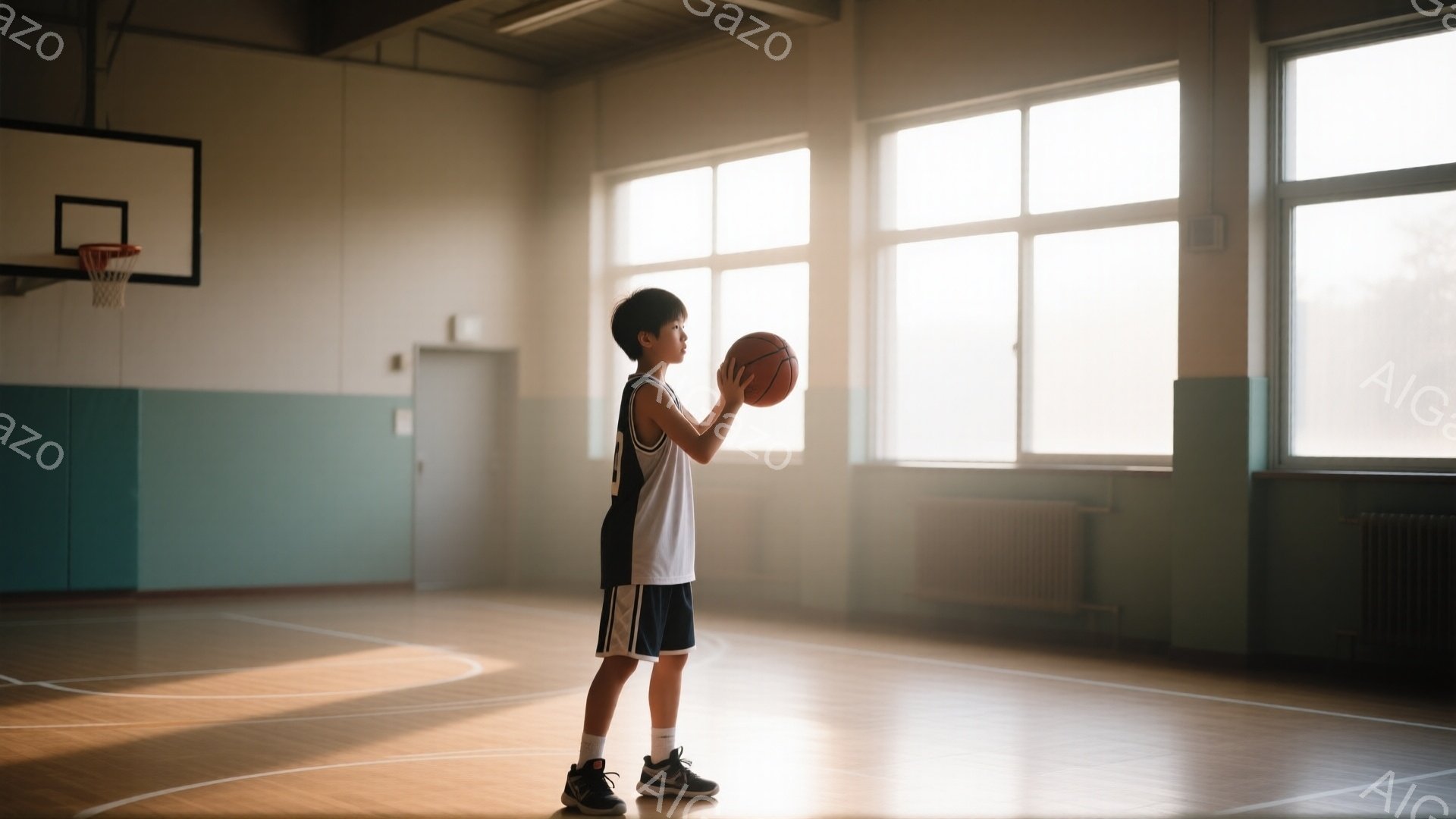 少年はバスケットボールコートでバスケットボールを持って立っており、集中した表情でボールを見つめている。彼は白いタンクトップと紺色のショーツを着用し、黒いスニーカーを履いている。背景には、窓から差し込む - AI生成フリー素材