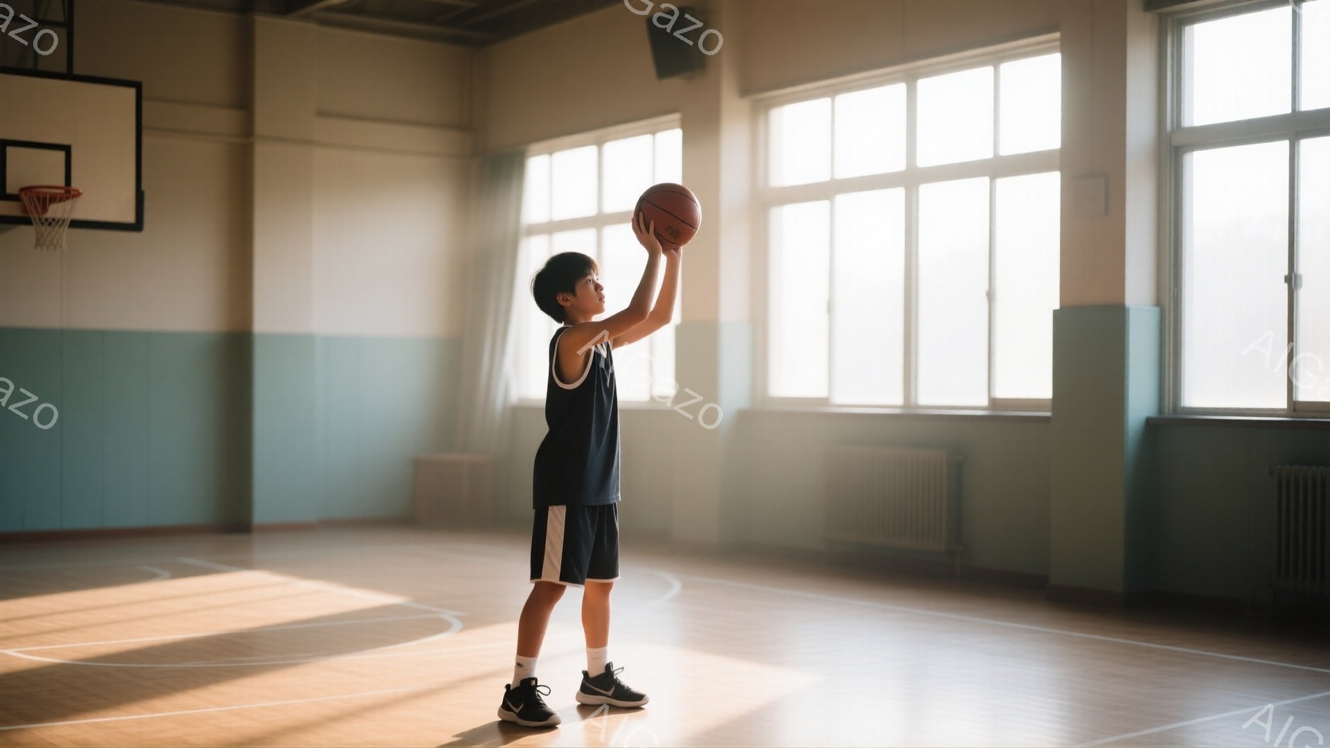 少年はバスケットボールコートでシュートの練習をしている。紺色のタンクトップと短パン姿で、左手にボールを持ち、シュートのフォームに入っている。背景には窓から差し込む光が暖かく、体育館のシンプルな内装と相 - AI生成フリー素材