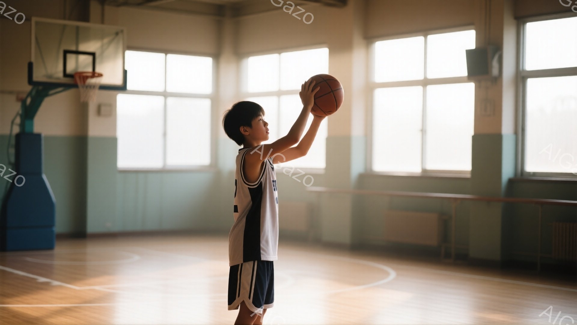 一人の少年がバスケットボールコートでシュートの練習をしている。白と青のバスケットボールウェアに身を包み、髪は短く整えられている。コートは木製の床で、壁には窓が並び、自然光が差し込んでいる。 - AI生成フリー素材
