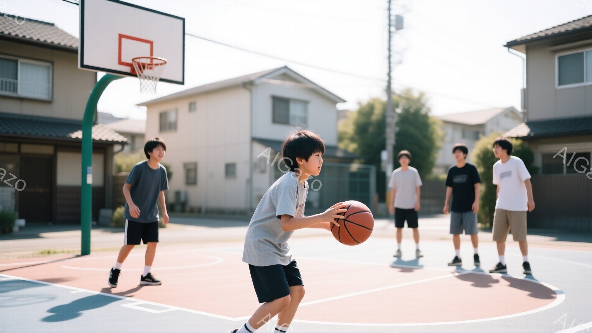少年たちが屋外のバスケットボールコートでバスケットボールをしている様子が写っている。少年たちは皆、Tシャツと短パン姿で、髪型は短髪。晴れた日差しの中で、一人がドリブルをしており、他の少年たちはコート上 - AI生成フリー素材