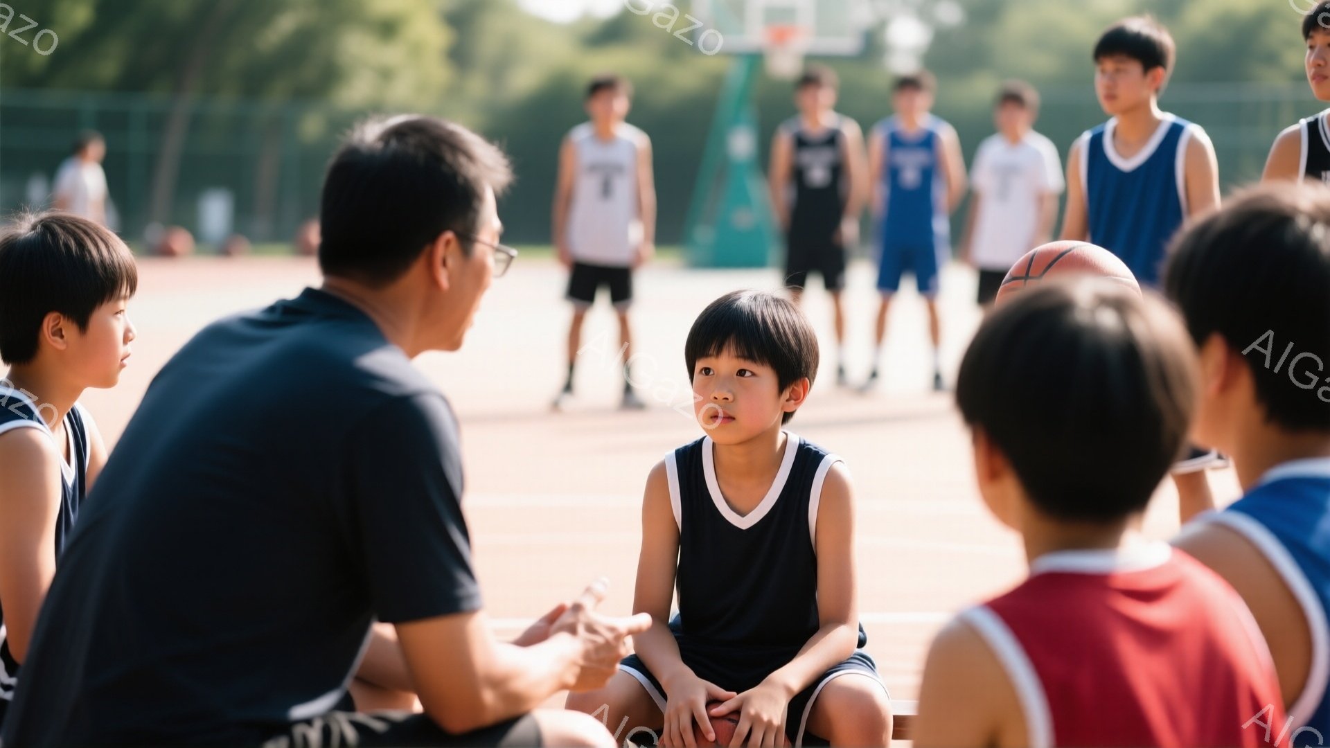 バスケットボールコートに座り、コーチらしき男性が少年と話している様子が写っている。少年は黒いユニフォームを着ており、やや不安そうな表情をしている。背景には他の少年たちが立ち、コートと緑豊かな木々が見え - AI生成フリー素材