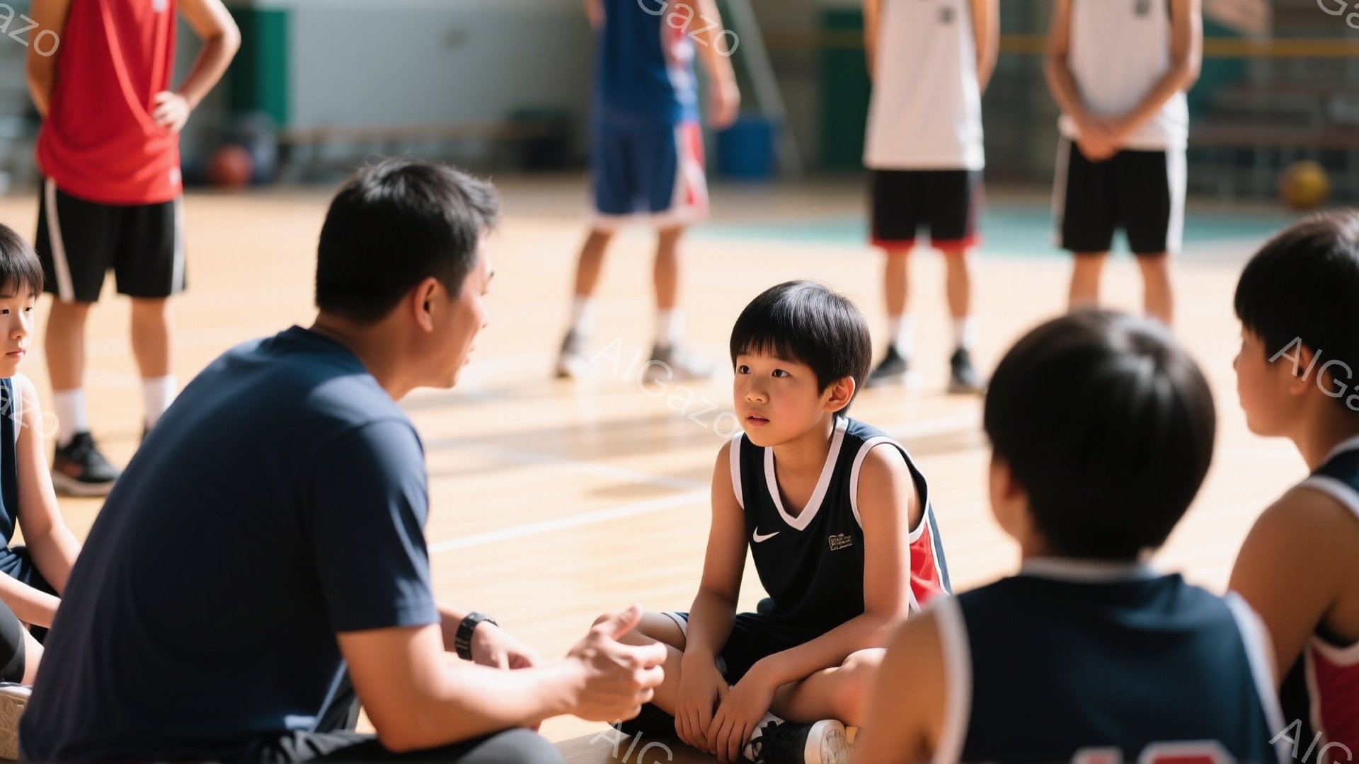 バスケットボールコート上で、コーチらしき男性が少年と膝を合わせて話しています。少年は黒いユニフォームを着ており、少し不安そうな表情をしています。背景には他の少年たちがバスケットボールの練習着を着て輪に - AI生成フリー素材
