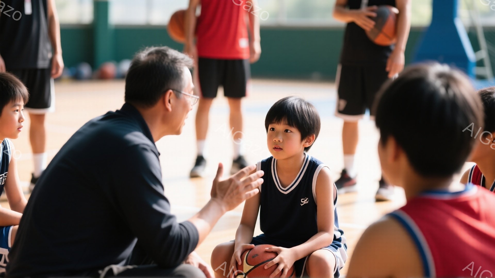 バスケの練習風景で、コーチと思われる年配の男性が、座ってボールを持つ少年と話しています。少年は黒と白のユニフォーム姿で、やや緊張した表情を浮かべています。背景には、他の子供たちがバスケの練習に取り組み - AI生成フリー素材