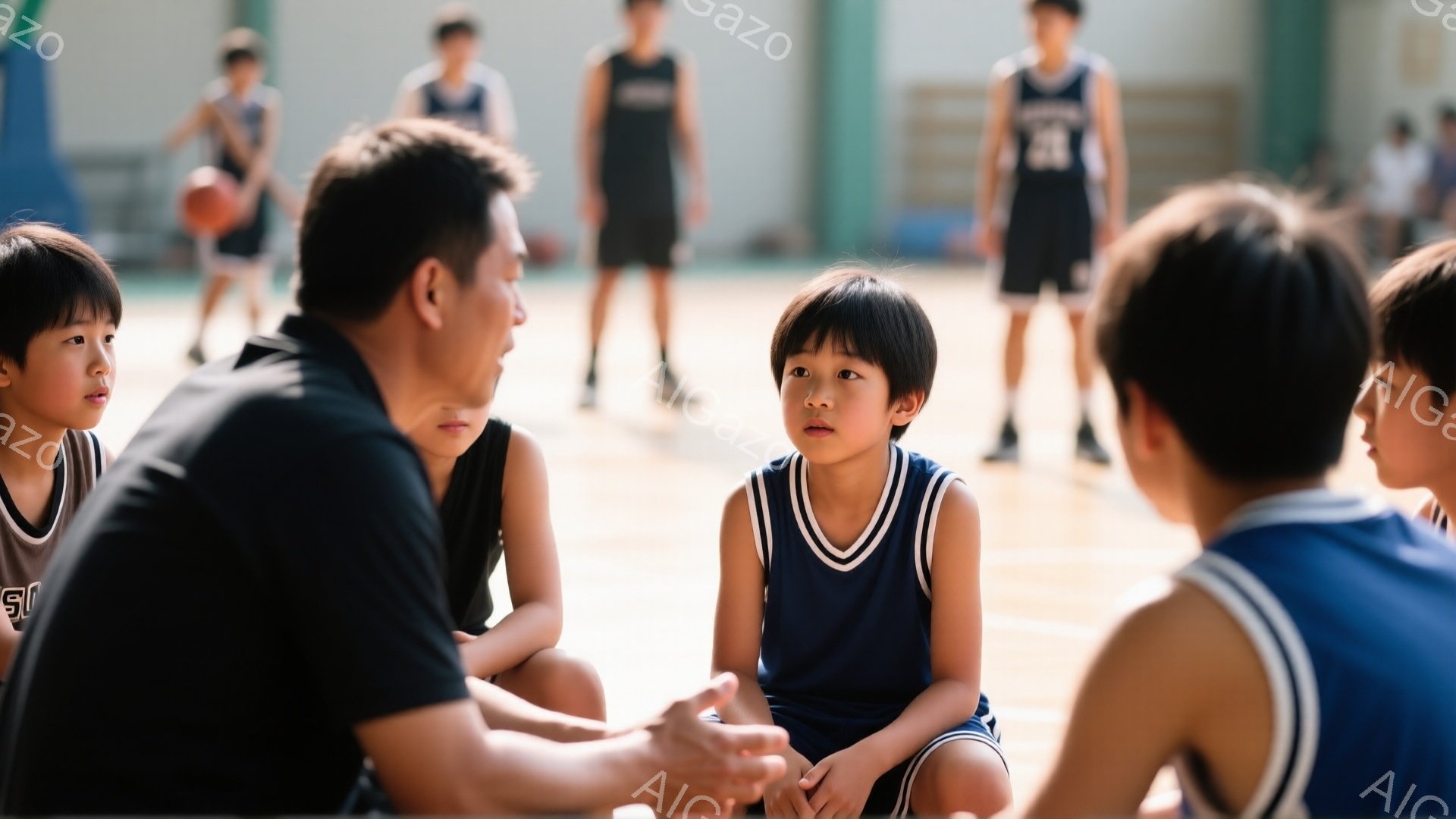 体育館の床に座り、バスケットボールの練習風景が見られる。一人の大人（コーチと思われる）が、数人の少年たちに向かって何かを話している様子で、少年たちは真剣な表情でコーチを見つめている。背景には他の少年た - AI生成フリー素材