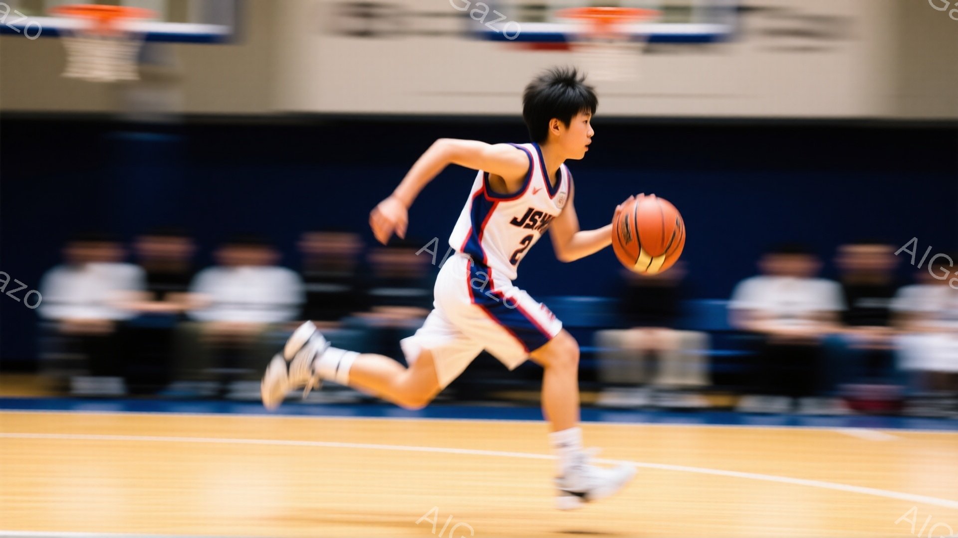 この画像は、バスケットボールコートでドリブルしている少年を捉えています。少年は、黒髪で、紺と赤のユニフォーム、白い靴下とスニーカーを着用し、ボールを持って走り、顔には集中した表情が見られます。背景には - AI生成フリー素材