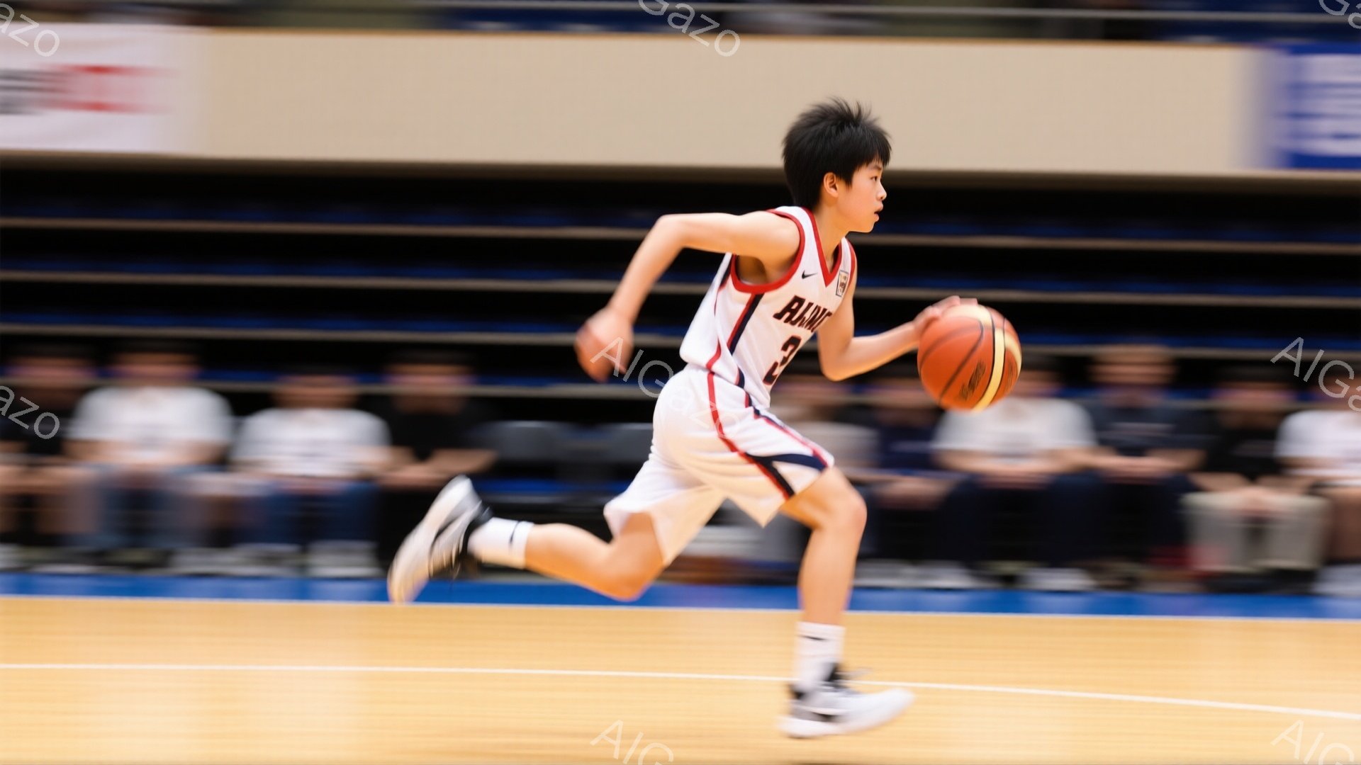 バスケをする少年が写っている。少年は赤いユニフォームと短い髪で、ボールを持って走っている。背景にはぼやけた観客席があり、体育館の床は木製で、活気のある競技の雰囲気が出ている。 - AI生成フリー素材