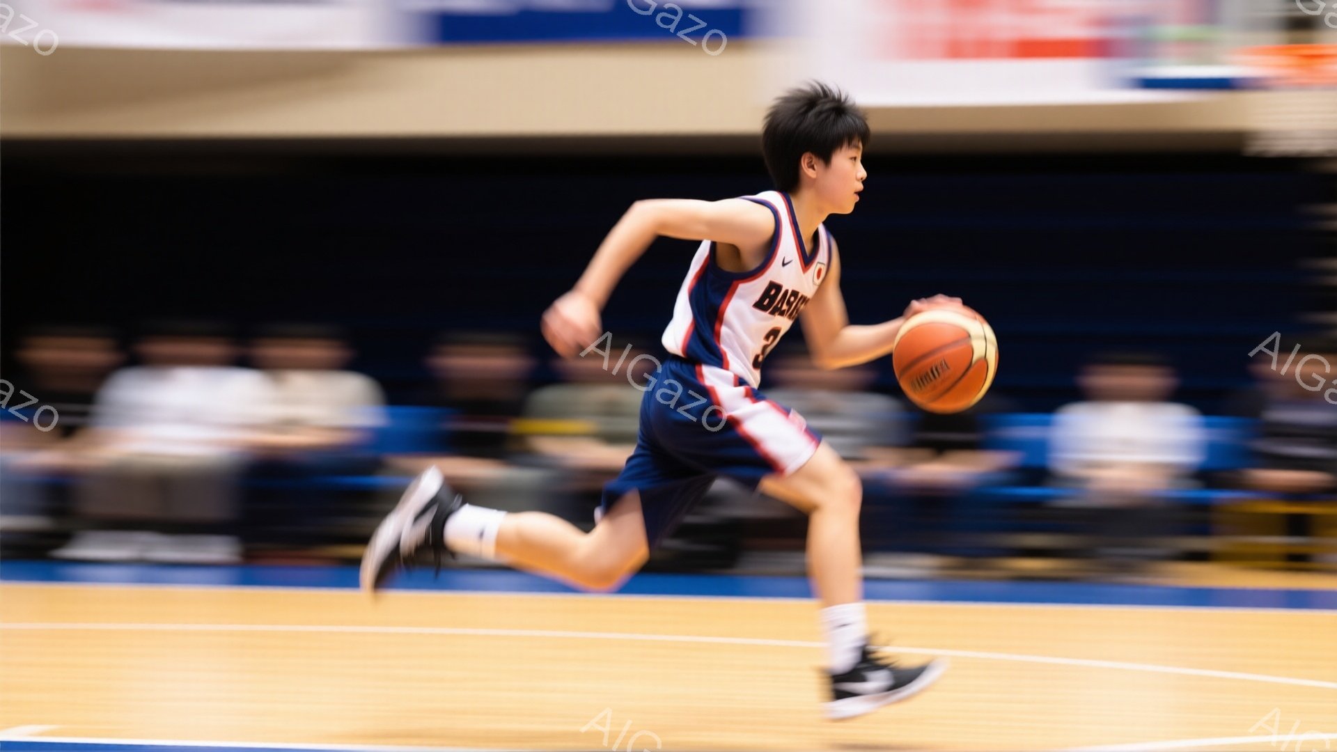 バスケットボールコートで少年がドリブルをしている様子が写っている。少年は紺色と赤のユニフォーム、黒いシューズを着用し、髪は短く整えられている。背景はぼやけており、観客席とコートのラインが見える、躍動感あふれる瞬間を捉えた写真である。