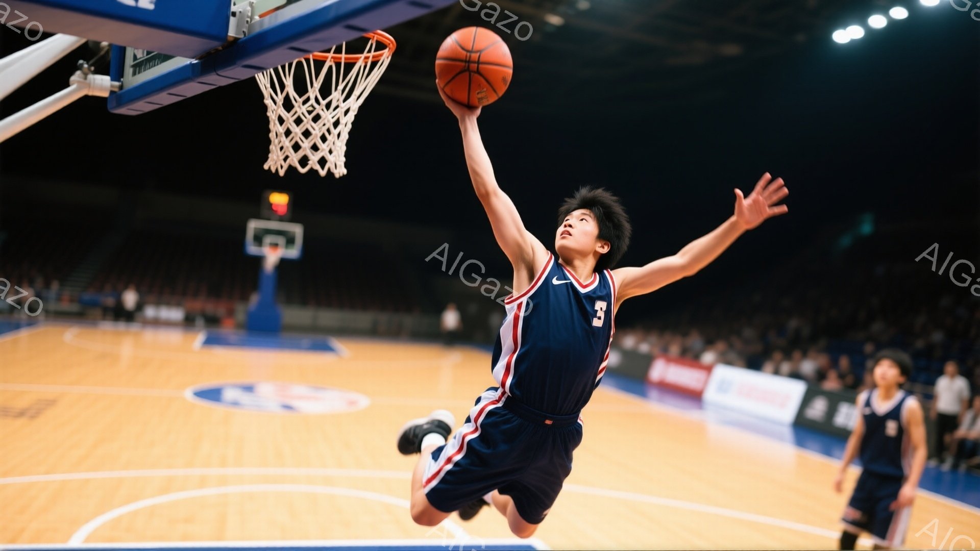 バスケットボール選手がダンクシュートを試み、空中で体を大きく広げてボールに手を伸ばしている。紺色と赤のユニフォームを着ており、髪は短く整えられている。背景には観客席とコートが広がり、試合の熱気が伝わっ - AI生成フリー素材