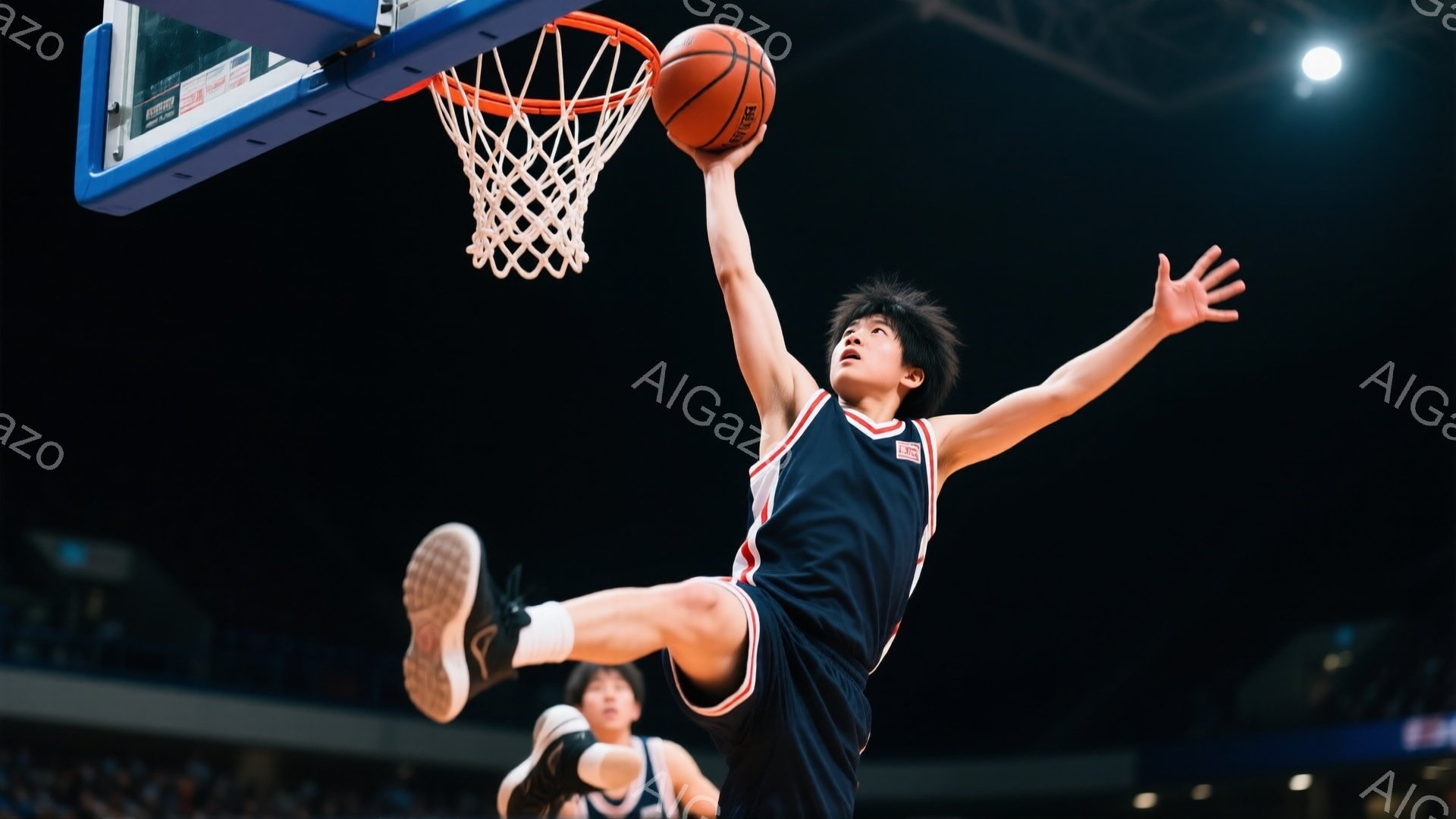 バスケットボール選手がダンクシュートを決める瞬間を捉えた写真です。彼は紺色のユニフォームと赤いラインの入った短パンを着用し、黒いヘアスタイルで、体を大きく広げてリングに向かってジャンプしています。背景にはぼやけた観客席とバスケットボールコートが見え、競技場の熱気と躍動感溢れる雰囲気が伝わってきます。