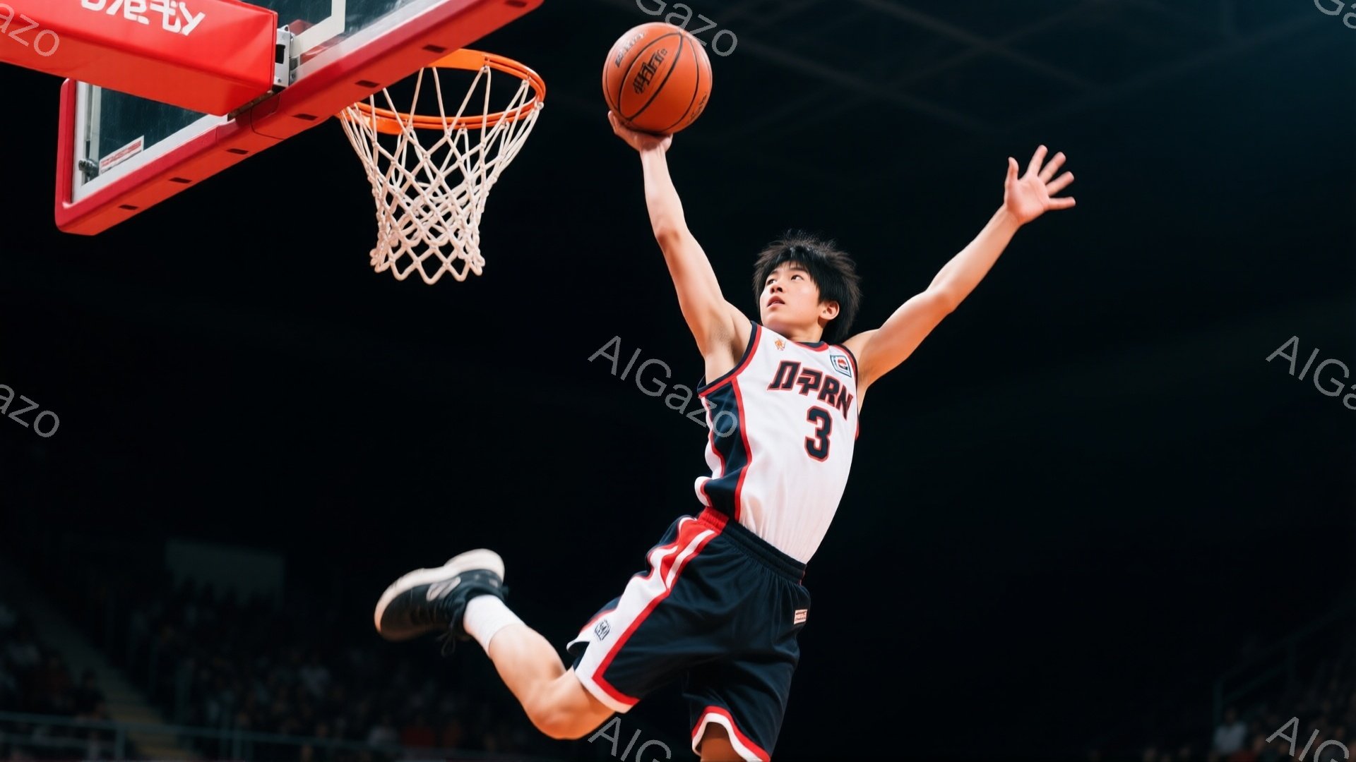 バスケの選手が空中高くジャンプし、ダンクシュートを決めようとしています。赤と白のユニフォームを着ており、背番号は3番です。背景は暗い体育館で、観客席が見え、活気のある雰囲気を感じさせます。