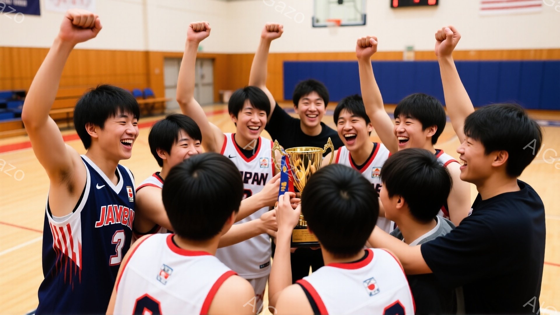 バスケのユニフォームを着た少年たちが、勝利のトロフィーを掲げて歓喜しています。彼らは皆笑顔で、腕を高く上げて、チームの一体感を表現しています。背景はバスケットボールコートで、体育館の天井や壁が見え、熱狂的な勝利の雰囲気が伝わってきます。