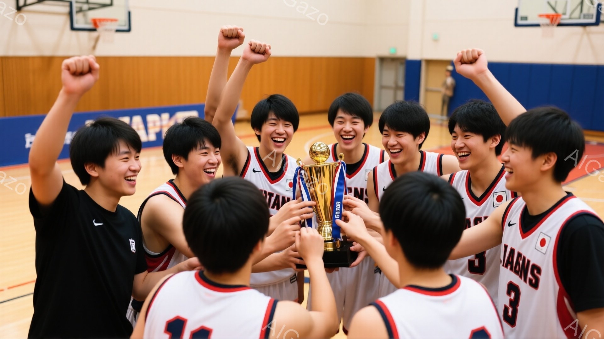 バスケユニフォームを着た少年たちが、勝利のトロフィーを囲んで歓喜している様子が写っている。彼らは黒髪で、口角が上がり、満面の笑みを浮かべている。背景は体育館で、バスケットゴールと壁が見え、活気に満ちた勝利の瞬間を捉えている。