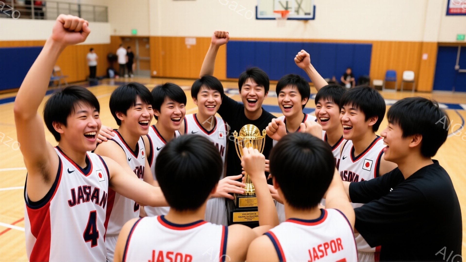 選手たちは皆、日本のユニフォームを着て、喜びを爆発させている。彼らは勝利のトロフィーを掲げ、笑顔で互いに抱き合っている。背景にはバスケットボールコートが見え、勝利の瞬間を祝う熱気あふれる雰囲気が伝わってくる。