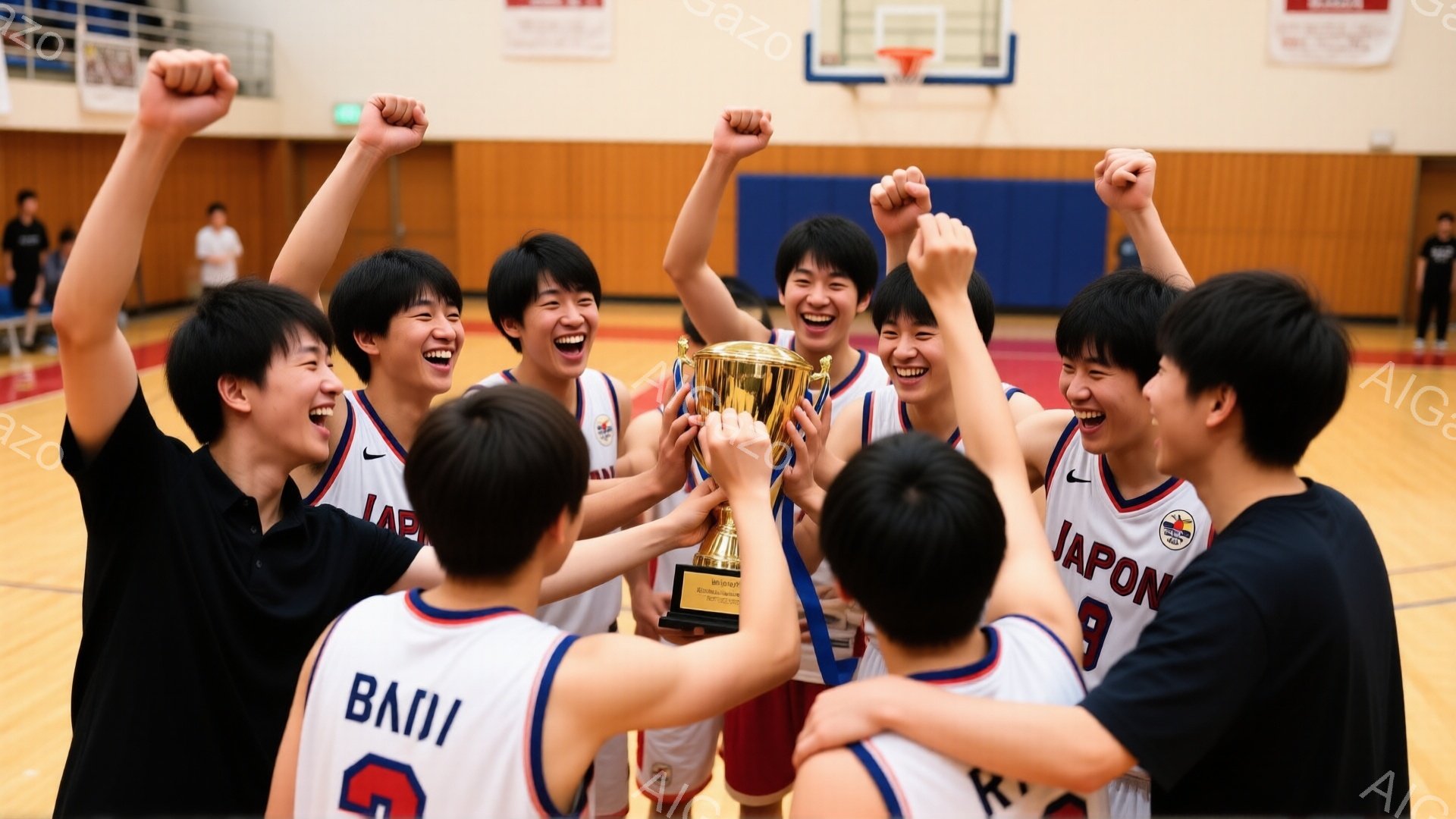 複数の少年たちがバスケットボールコートの中心で抱き合って喜びを分かち合っています。彼らは赤いバスケットボールユニフォームを着ており、髪型は短髪で、皆顔を上げて満面の笑みを浮かべています。背景には観客席やバスケットゴールが見え、体育館の明るい光が勝利の雰囲気を盛り上げています。