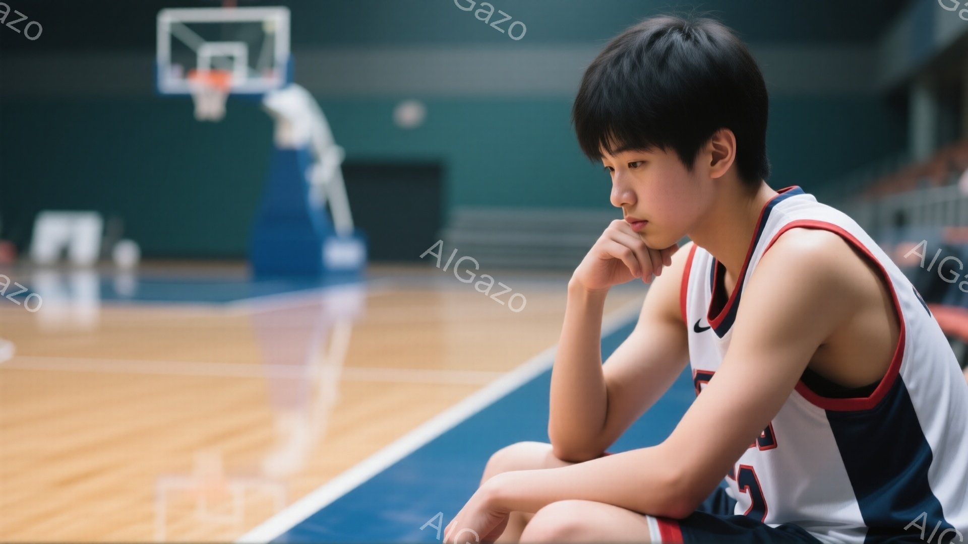 若い男性がバスケットボールコートの縁に座り、顎を支えて物思いにふけっている。白地に赤と紺のラインが入ったバスケットボールのユニフォームと短パンを着用し、黒髪を短く整えている。背景にはぼやけたコートとゴール、そして観客席が見え、全体的に少し寂しげで内省的な雰囲気が漂っている。