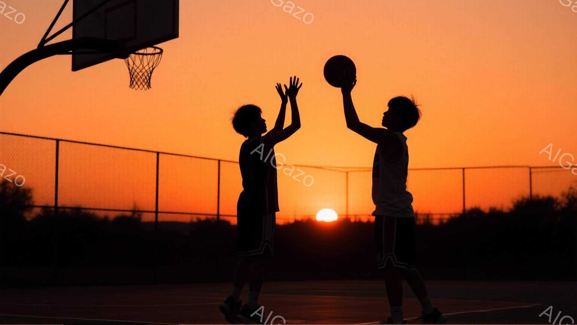 夕焼けを背景に、バスケットボールコートでハイタッチをする二人の少年がシルエットで描かれています。少年たちはバスケットボールのユニフォームのような服装で、短髪で、活発なポーズを取っています。背景にはフェンスと遠くの木々が見え、空は鮮やかなオレンジ色に染まっており、温かくエネルギッシュな雰囲気が漂っています。