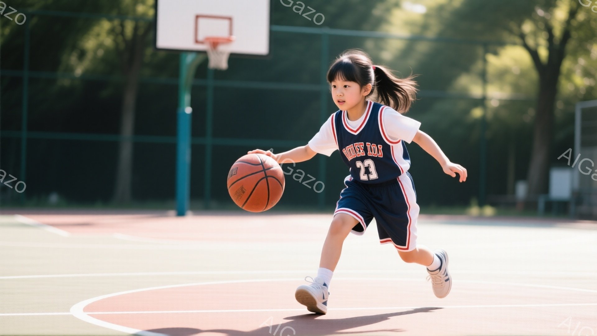 バスケットボールコートを駆ける少女が写っています。彼女は紺色のユニフォームに「23」の番号が書かれ、白いソックスとスニーカーを履き、ポニーテールにしています。背景には緑豊かな木々と空が広がり、晴れた日 - AI生成フリー素材