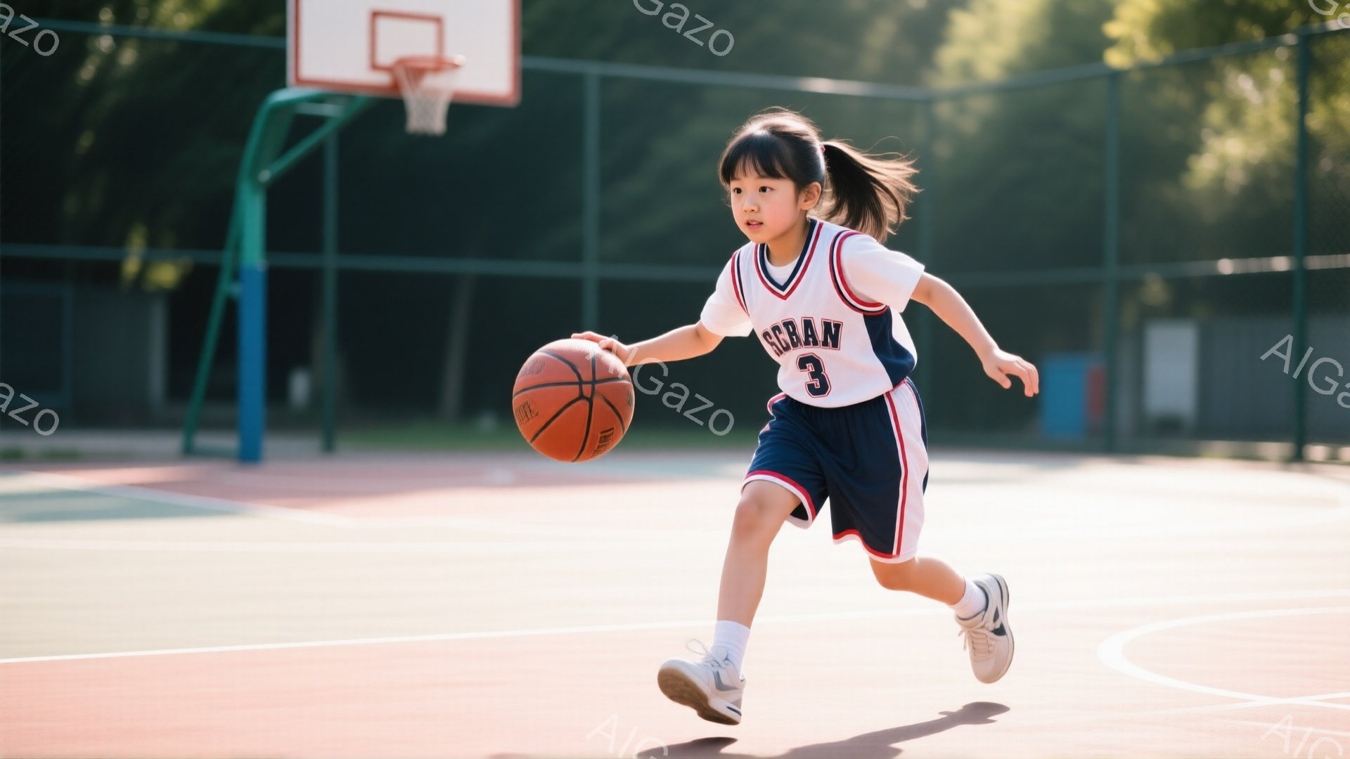 コート上でドリブルしている少女が写っています。彼女は白いシャツに紺色の短パン姿で、髪はポニーテールに結ばれています。背景にはバスケットゴールと緑豊かな木々が見え、晴れた日の屋外で活気に満ちた雰囲気です。