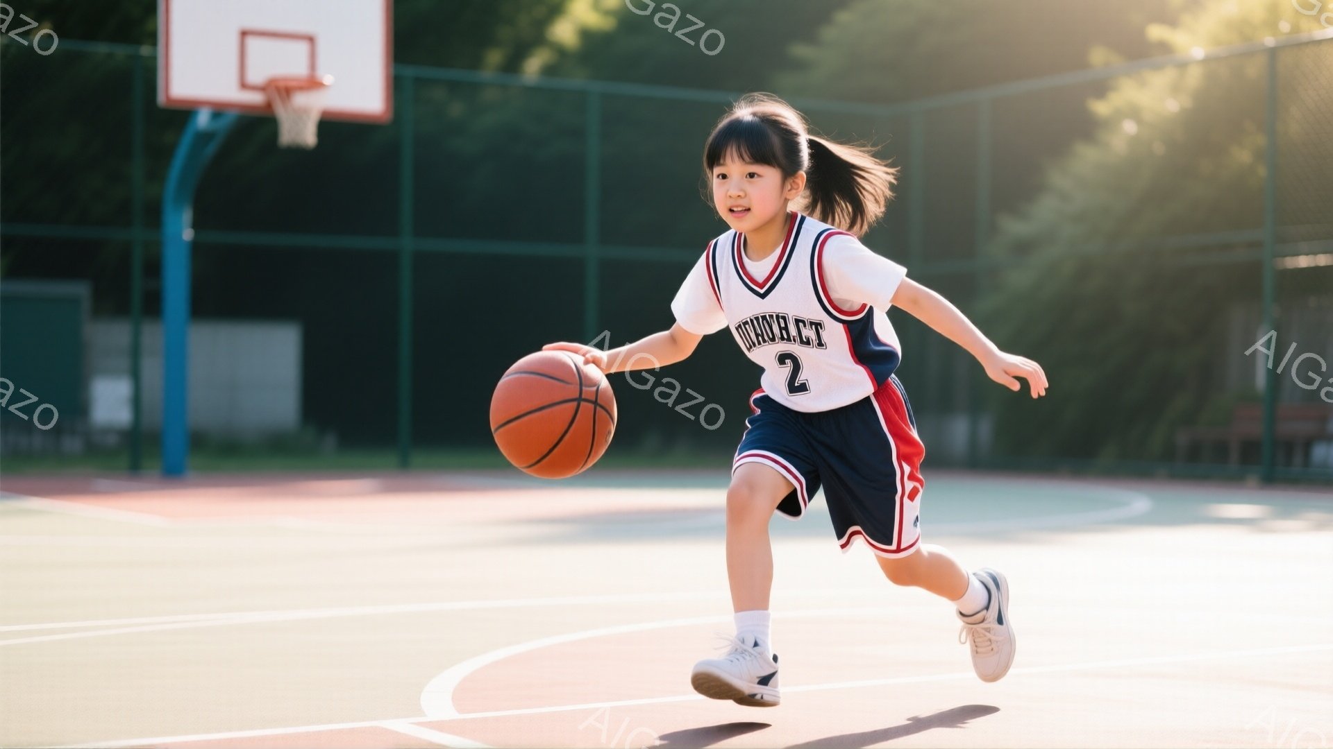 明るい屋外のバスケットボールコートで、若い女の子がドリブルしながら走っています。彼女は赤いストライプと数字2が入った白いバスケットボールシャツと紺色のショートパンツを着ており、ポニーテールにしています。背景には緑豊かな木々と青空があり、晴れた日の活気のある雰囲気が漂っています。