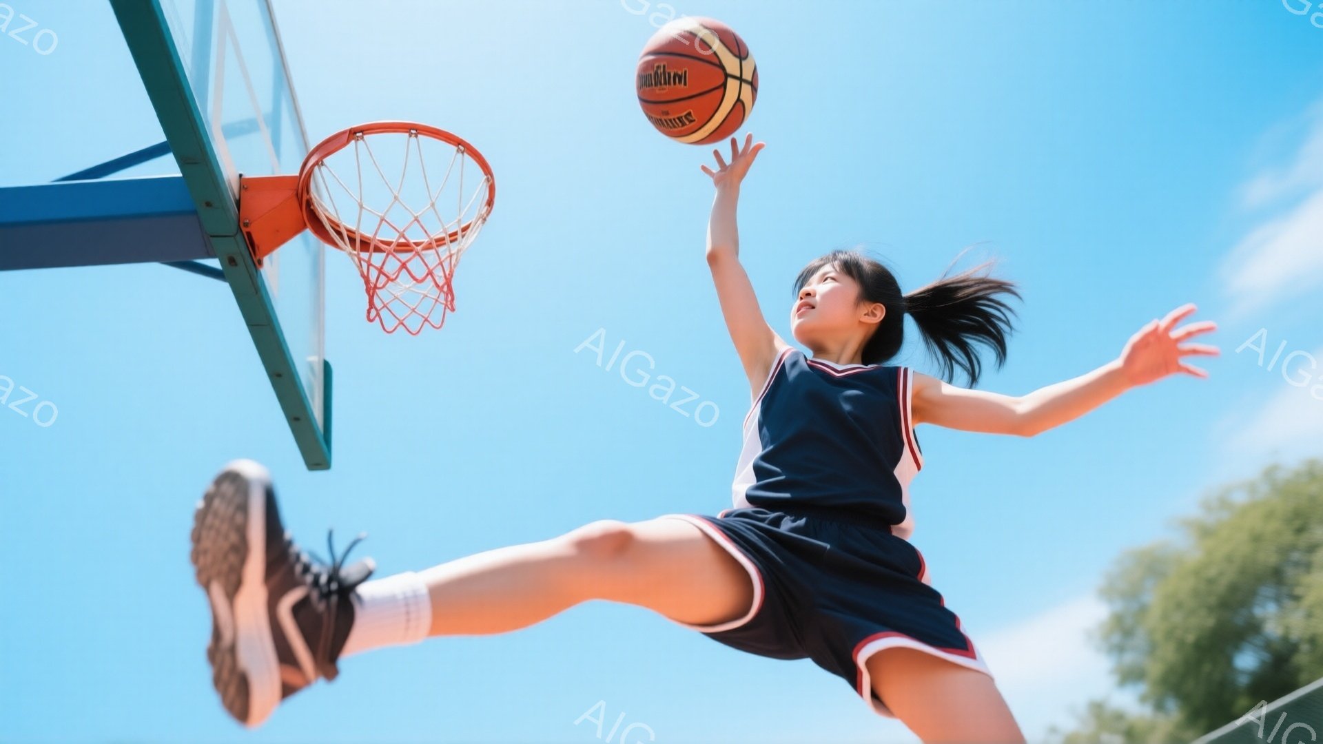空中を高くジャンプした少女がバスケットボールをゴールに向かってシュートしようとしている様子が写っている。黒いヘアスタイルをポニーテールにし、紺色のバスケットボールウェアと白いソックス、スニーカーを着用している。背景は青空で、バスケットゴールのフレームが一部見え、全体的に爽やかで躍動感のある雰囲気である。