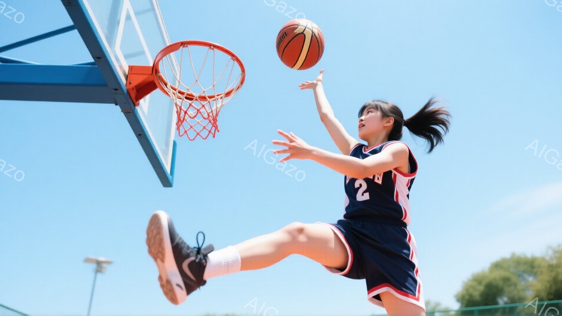 空中でバスケットボールをシュートする若い女性の姿が捉えられています。彼女は紺色のユニフォーム（背番号2）と白いソックス、黒いスニーカーを着用し、髪はポニーテールにしています。背景には青空と緑の木々が見え、晴れた日の屋外バスケットボールコートで撮影されたようです。