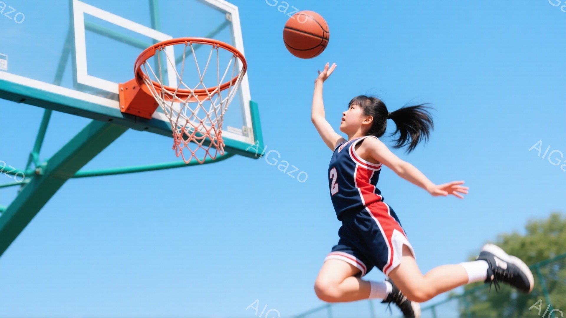 空中を飛んでバスケットボールをシュートする若い女性が写っています。彼女は紺色と赤のバスケットボールユニフォーム、白いソックス、黒のバスケットボールシューズを着用し、髪はポニーテールに結ばれています。背景は青空と緑の木々で、晴れた日の屋外での活発なシーンです。