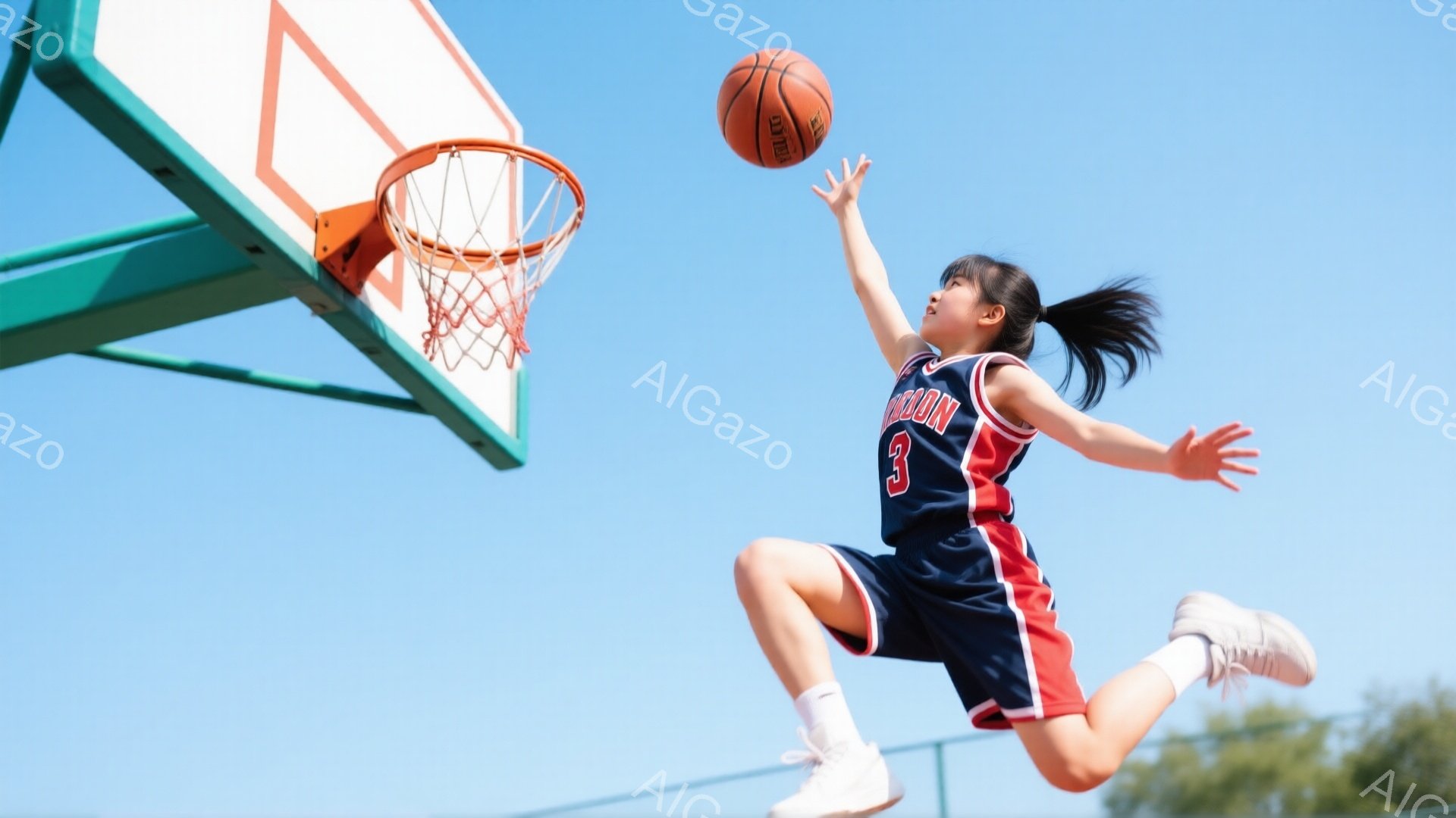 少女はバスケットボールコートでジャンプシュートをしています。紺色と赤色のユニフォームに、白いソックスとスニーカーを履き、髪はポニーテールに結ばれています。背景は晴れた青空で、コートの周りには緑の木々が見え、活気のある夏の日の雰囲気が漂っています。
