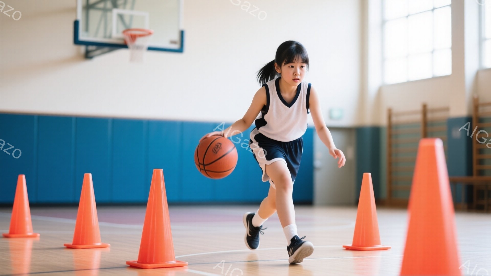 この画像には、バスケットボールを持っている少女が写っています。彼女は白いタンクトップと黒いショートパンツを着用し、髪は後ろでポニーテールにまとめています。少女はドリブルの練習をしているようで、オレンジ - AI生成フリー素材