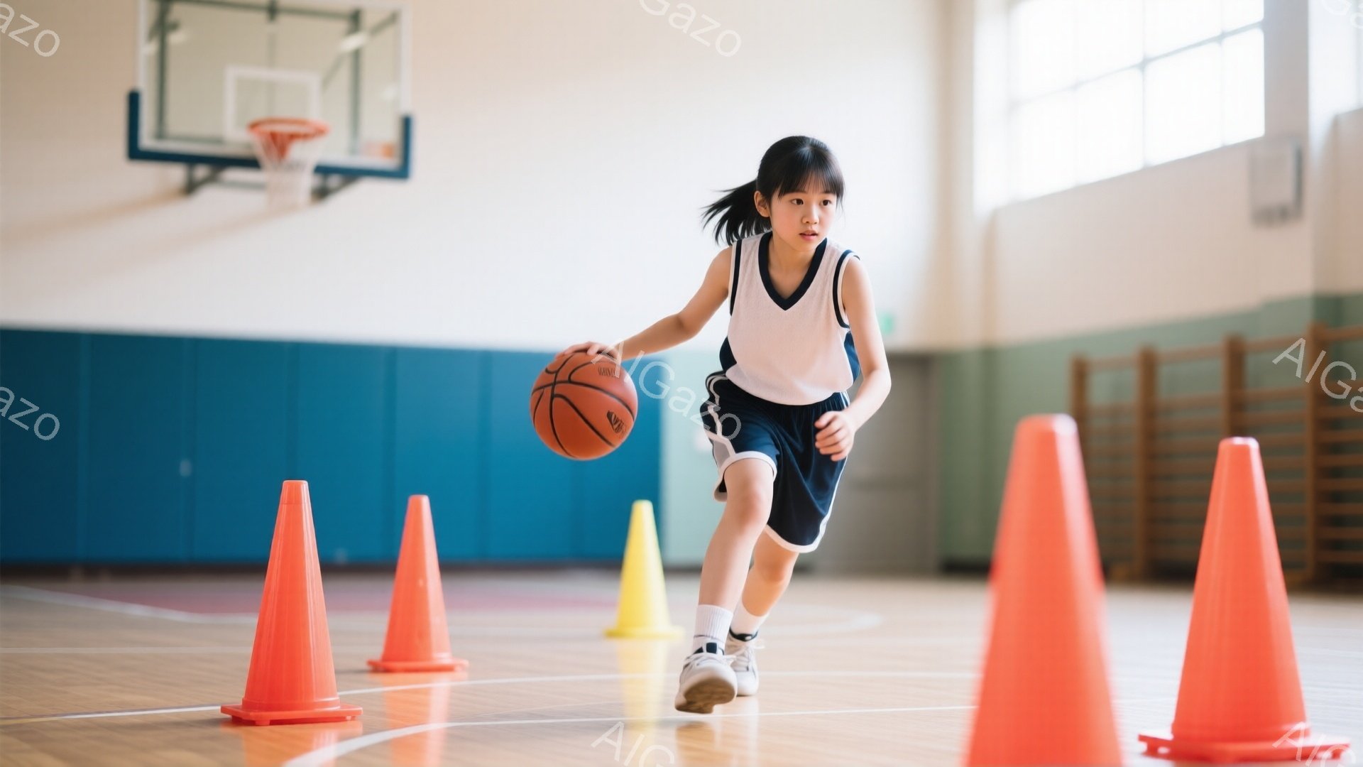 少女はバスケットボールを持ってドリブルしながら、オレンジ色のコーンが並んだ体育館内を走っている。白いタンクトップと濃い青色のショートパンツを着用し、髪はポニーテールにしている。背景にはバスケットボールのゴールと壁があり、体育館の床は木製で、全体的に活気のあるトレーニングの雰囲気が感じられる。