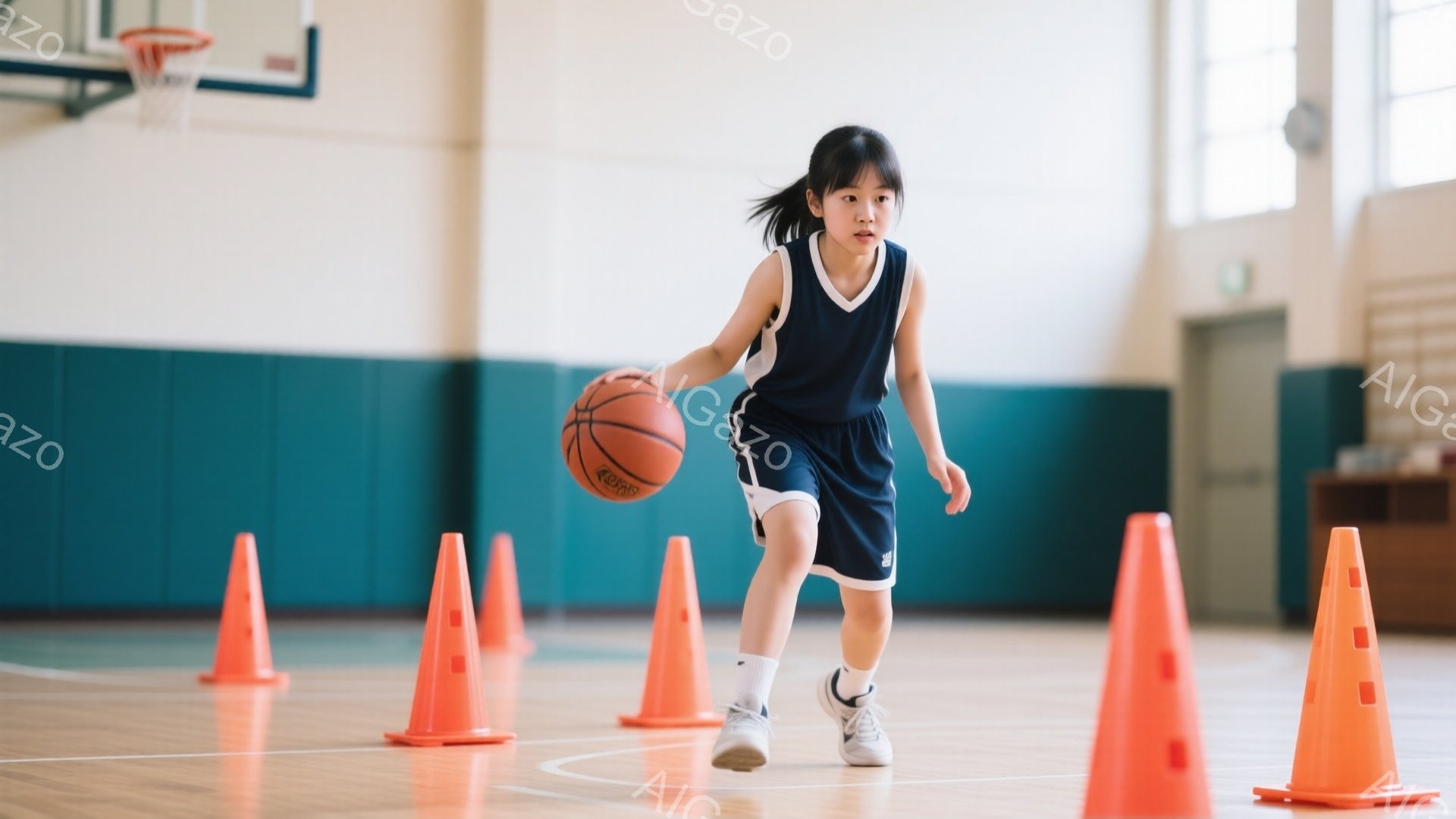 少女は紺色のバスケットボールウェアと白い靴下、スニーカーを着用し、ドリブルでオレンジ色のコーンの間を走っている。彼女はポニーテールで髪をまとめ、集中した表情でボールを見つめている。背景は体育館の木製の床と壁で、全体的に活気があり、トレーニングの雰囲気である。
