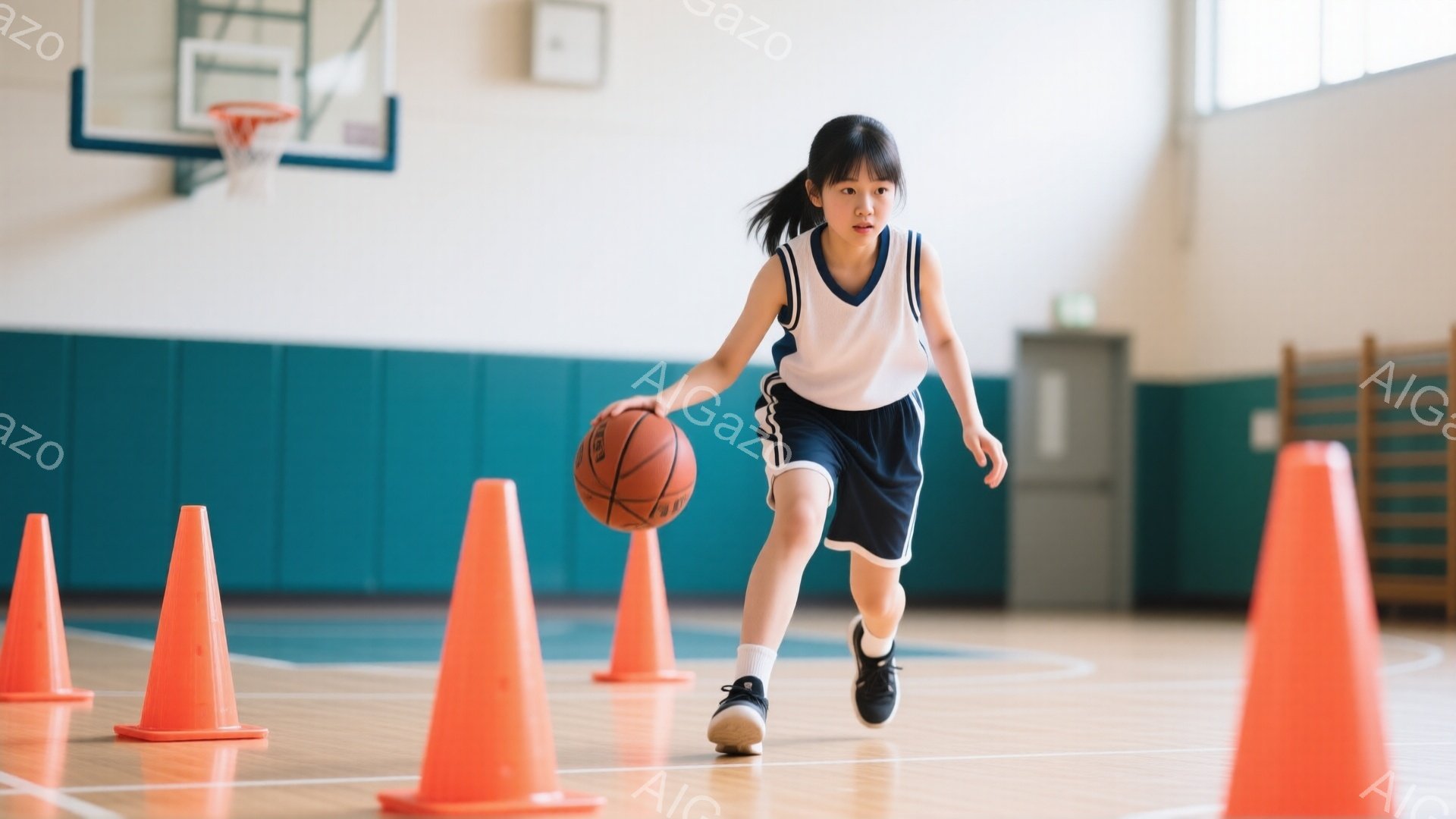 見えるのは、体育館でドリブルをしている少女です。彼女は白いタンクトップと紺色のショートパンツ姿で、髪はポニーテールに結んでいます。背景にはオレンジ色のコーンが並び、バスケットボールのゴールが見えます。 - AI生成フリー素材