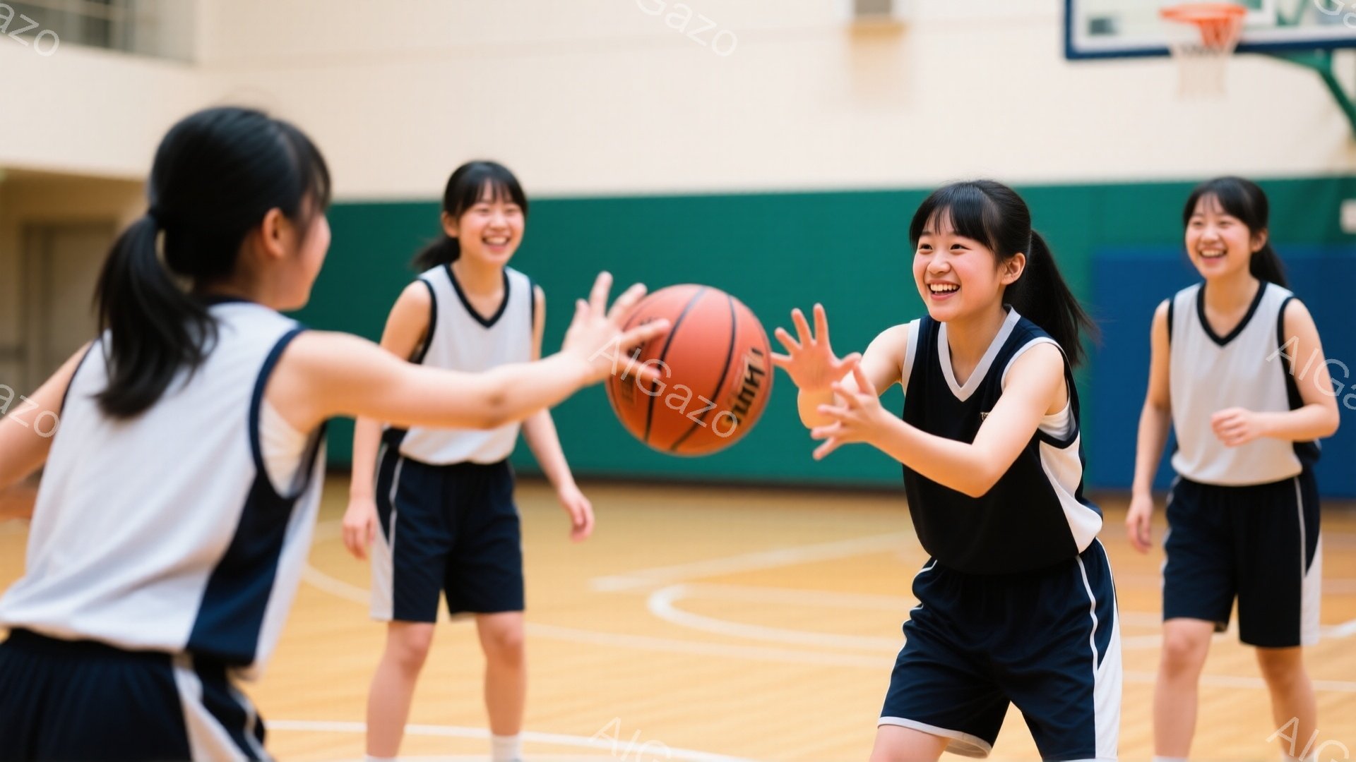 4人の若い女性がバスケットボールコートでバスケットボールをパスし合っている様子が写っている。彼女たちは皆、黒と白のストライプがアクセントの紺色のユニフォームとショーツを着用し、髪をポニーテールにしている。彼女たちは皆笑顔で、活気に満ちた運動的な雰囲気が漂っている。