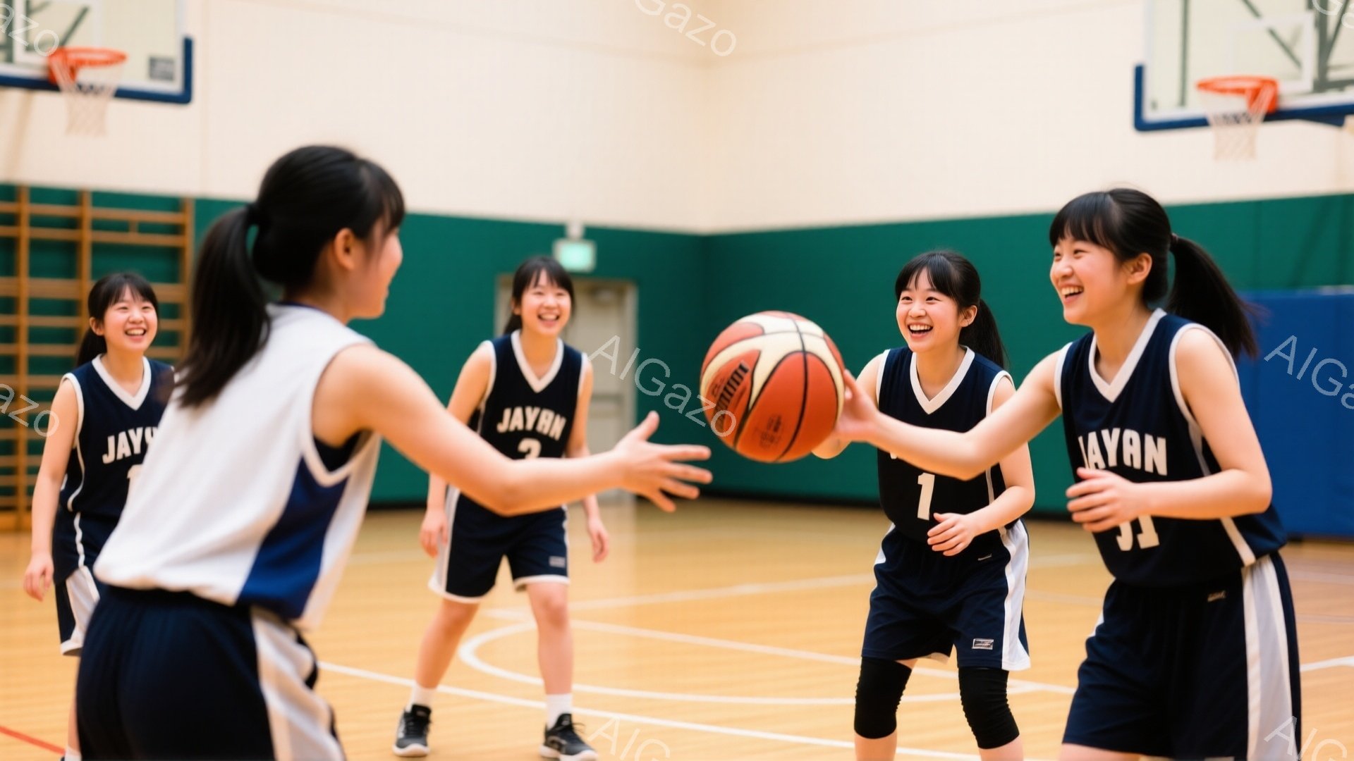バスケコートで、紺色のユニフォームを着た若い女性たちがバスケットボールをパスし合っている。彼女たちは皆、笑顔で活気に満ちており、髪型はポニーテールやハーフアップなど様々だ。背景にはバスケットゴールが見 - AI生成フリー素材
