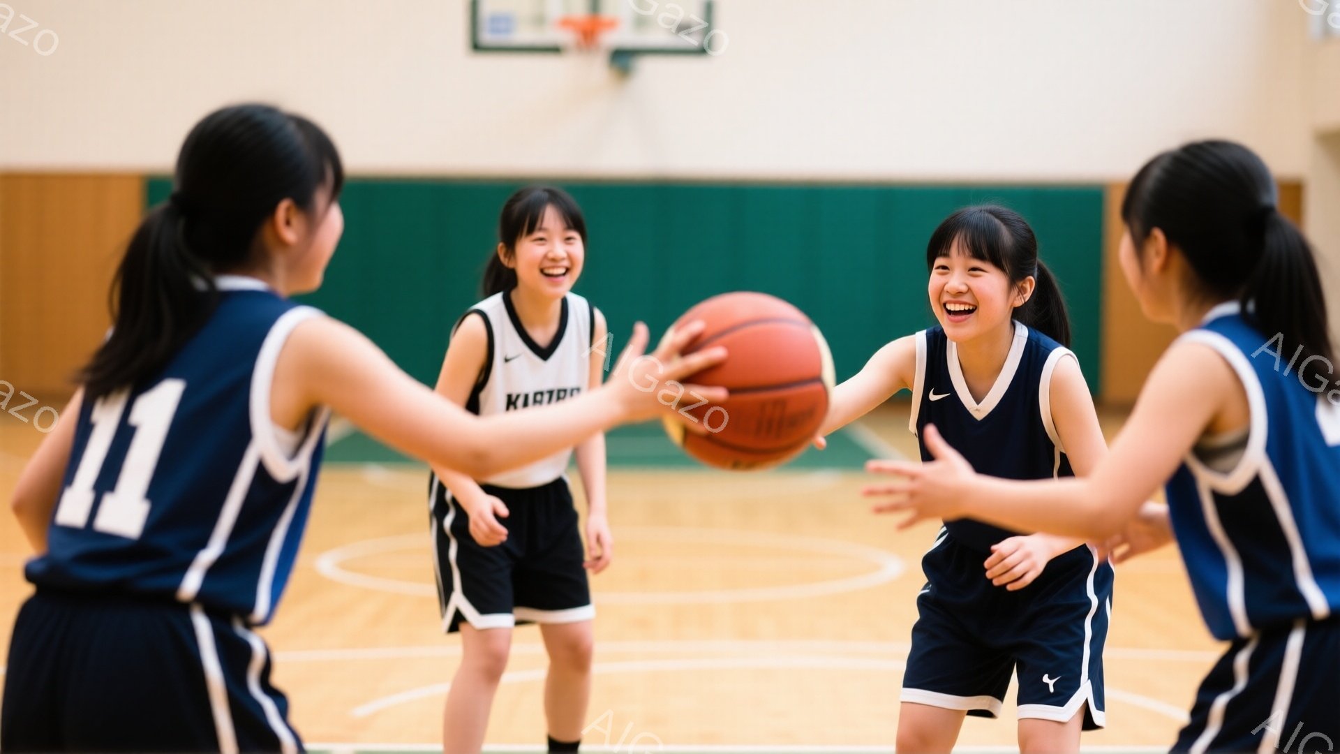 3人の若い女性バスケットボール選手が、体育館のコートでバスケットボールをパスし合っています。彼女たちは皆、紺色のユニフォームと黒いショーツを着用し、髪はポニーテールにまとめています。彼女たちは笑顔で楽しそうにバスケットボールをプレイしており、背景にはバスケットゴールと体育館の壁が見えます。