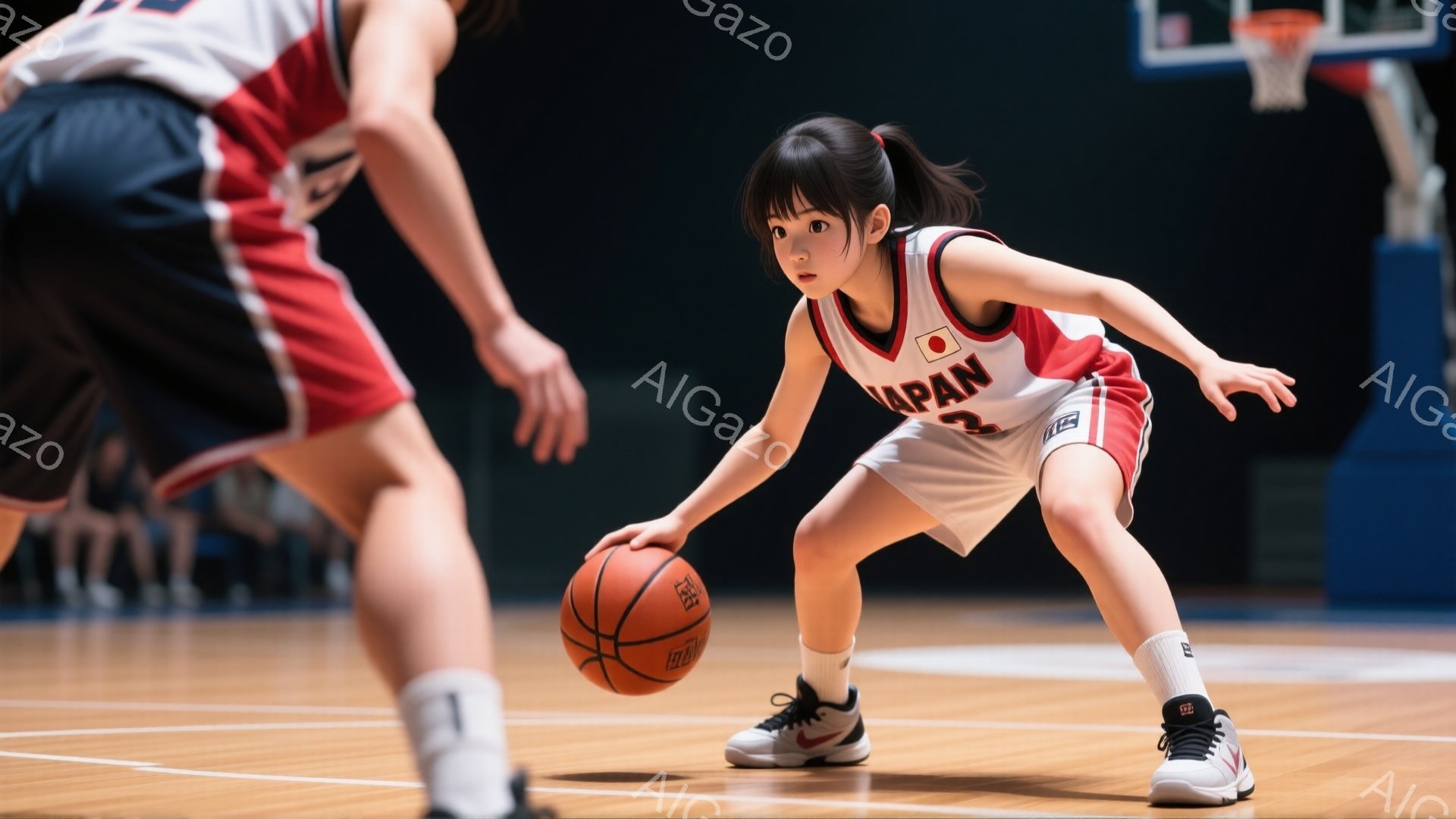 画像には、バスケットボールコートでドリブルしている若い女性の選手が写っています。彼女は「JAPAN」と書かれた赤いユニフォームと白いショートパンツ、そして黒と白のバスケットボールシューズを着用し、髪は - AI生成フリー素材