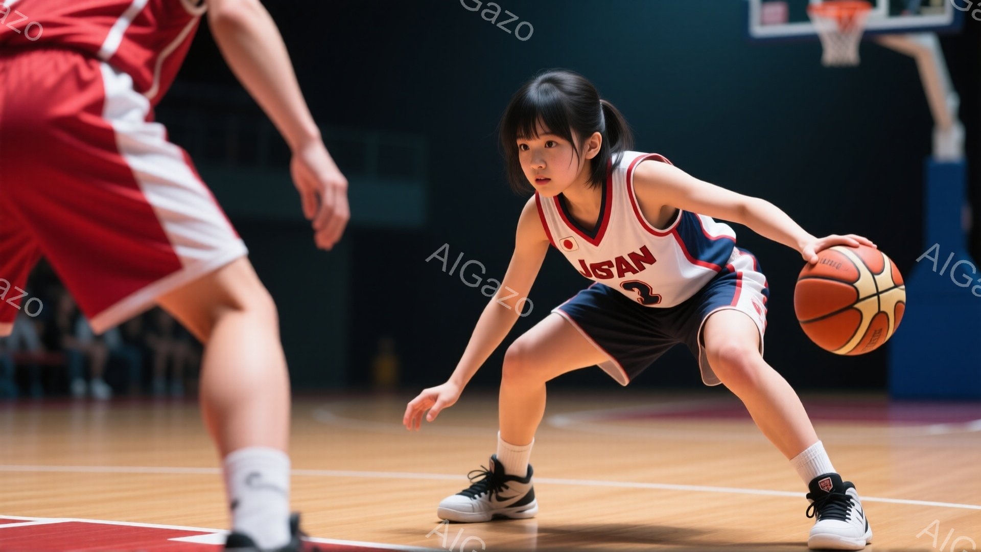 画像には、バスケットボールコートに立つ若い女性が写っている。彼女は紺色と赤のユニフォームを着ており、「JAPAN」と背番号の「3」が書かれている。彼女はボールを持って、防御態勢で膝を曲げ、集中した表情で相手を見つめている。