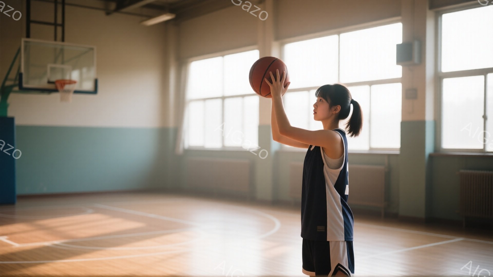 バスケットボールコートに立つ少女が、ボールを高く掲げてシュートの準備をしている。彼女は紺色と白のタンクトップと短パンを着用し、髪はポニーテールに結ばれている。窓から差し込む光がコートを照らし、静かで集 - AI生成フリー素材