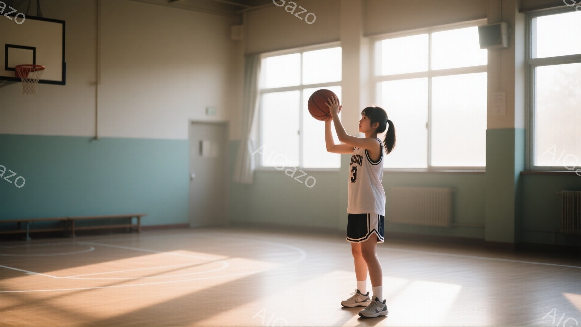 女子はバスケットボールコートでシュートの練習をしている。白いバスケットボールユニフォームに紺色のショートパンツ、そして白のスニーカーを履いている。光が差し込む体育館の中、彼女はボールを高く掲げ、集中し - AI生成フリー素材