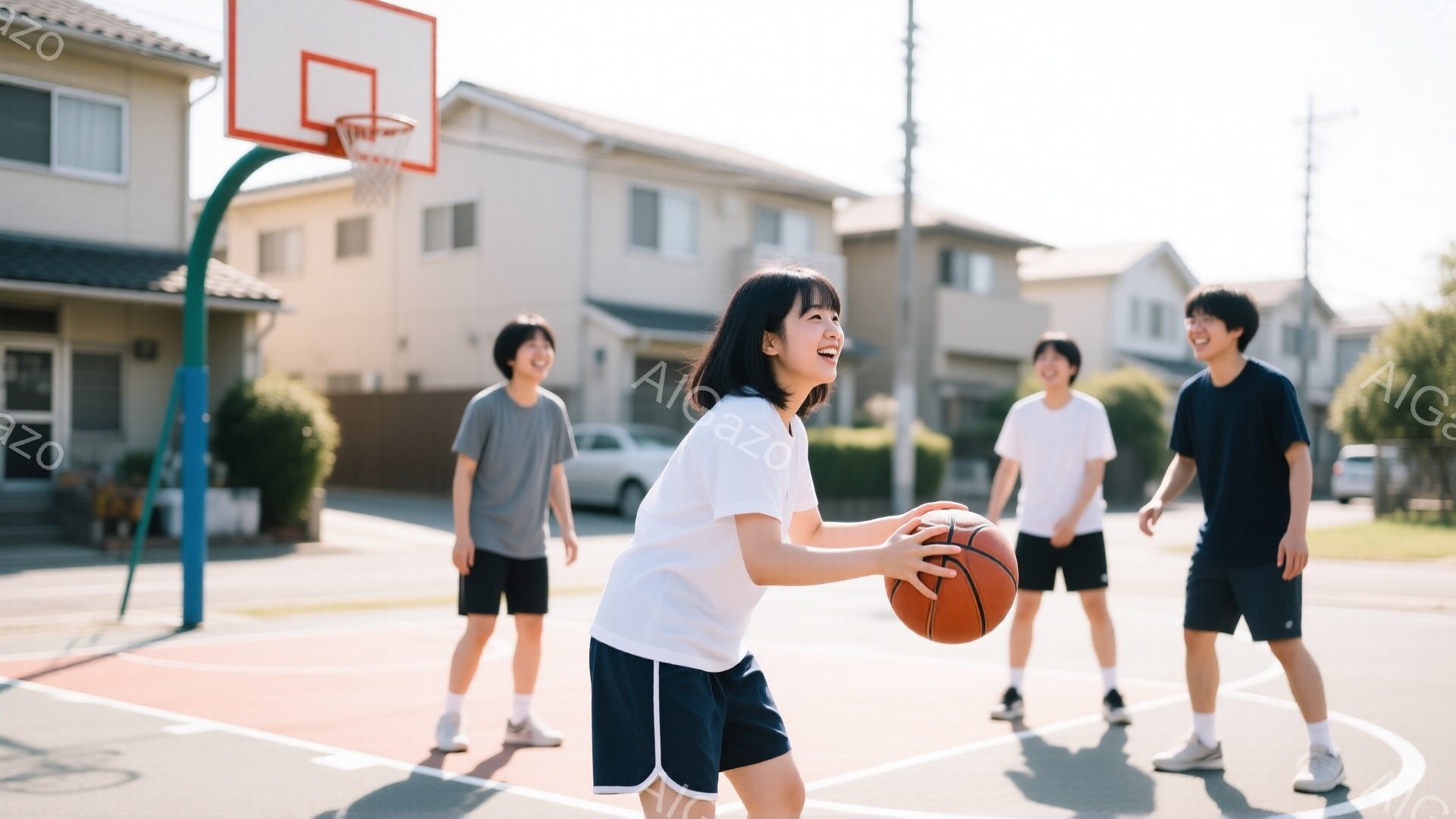 画像には、バスケットボールコートでボールを持つ少女が写っています。彼女は白いTシャツと紺色のショートパンツを着ており、髪は肩まで届く長さで、笑顔でボールを投げる準備をしています。背景には住宅街が広がり - AI生成フリー素材