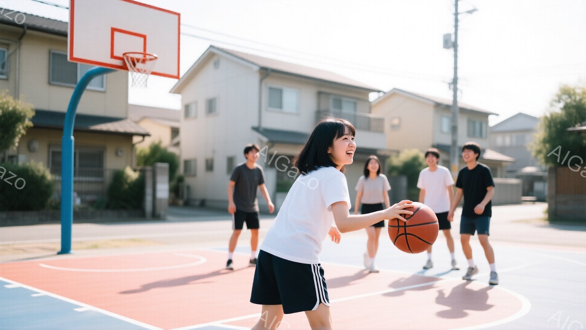 少女がバスケットボールを持ってドリブルしている写真です。白いTシャツと黒いショートパンツを着ており、明るい笑顔でボールを見つめています。背景には、住宅街の風景とバスケットボールコート、そして晴れた空が - AI生成フリー素材