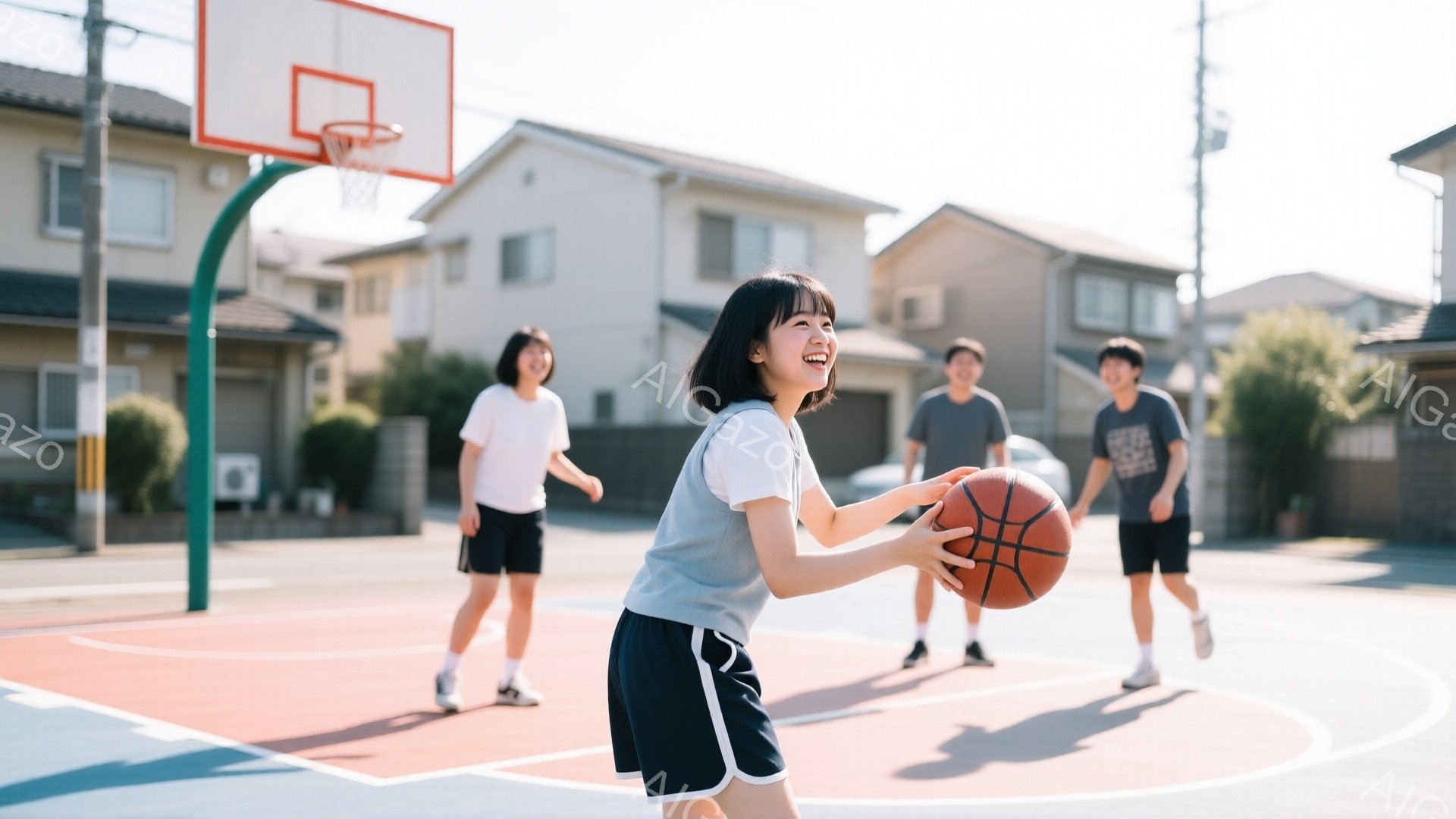 バスケコートで、若い女性がバスケットボールを持って笑顔でポーズをとっています。彼女は白いTシャツと黒のショートパンツを着ており、短い黒髪です。背景には、他の若い男性と女性がコートで動き回り、白い家々が並び、晴れた空が広がっています。