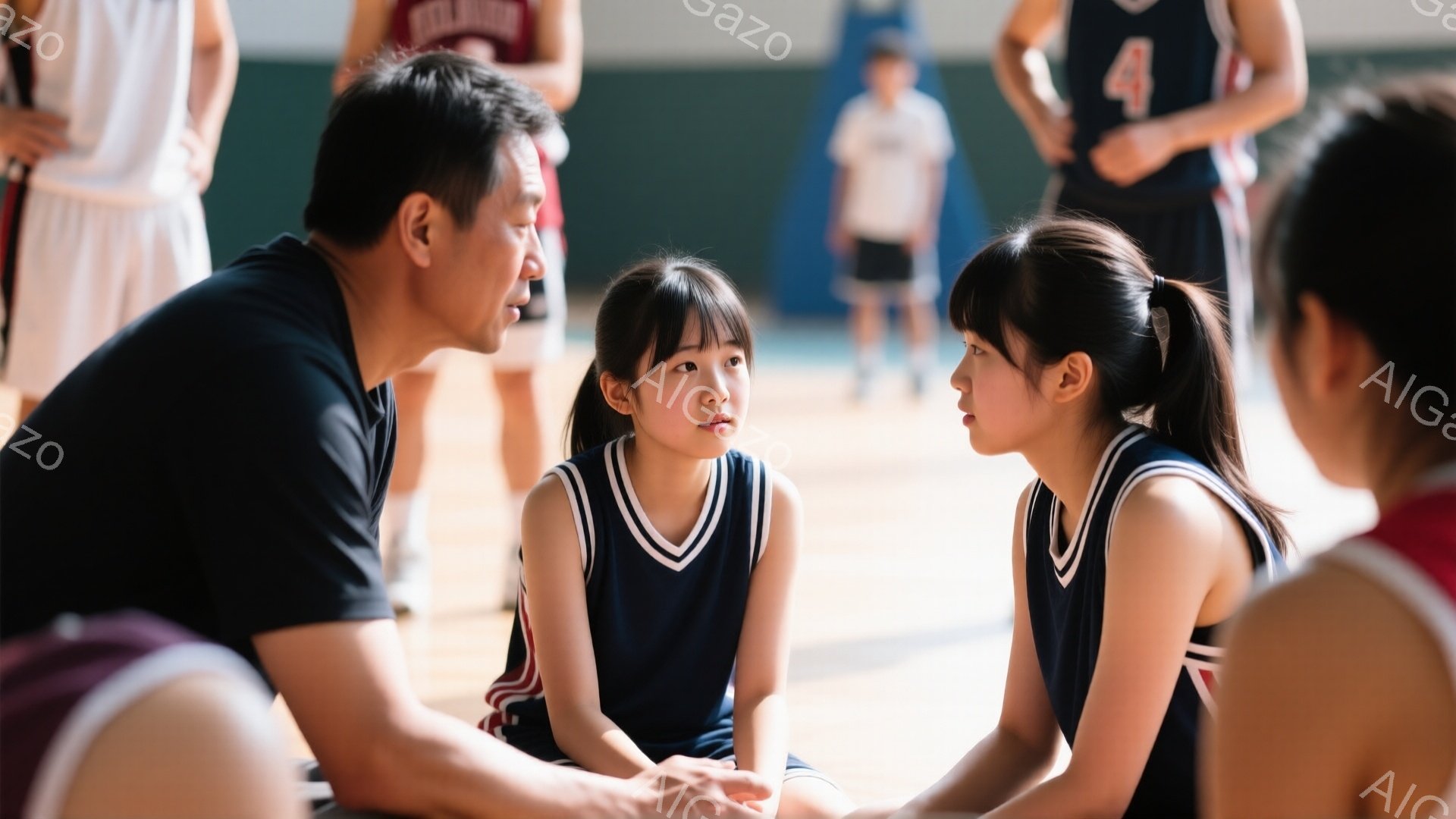 バスケットボールコートに、指導者が二人の若い女性選手と膝を合わせて座り、真剣な表情で話しています。指導者は青いシャツを着ており、選手たちは同じようなデザインの黒と白のユニフォームを着ています。背景には - AI生成フリー素材