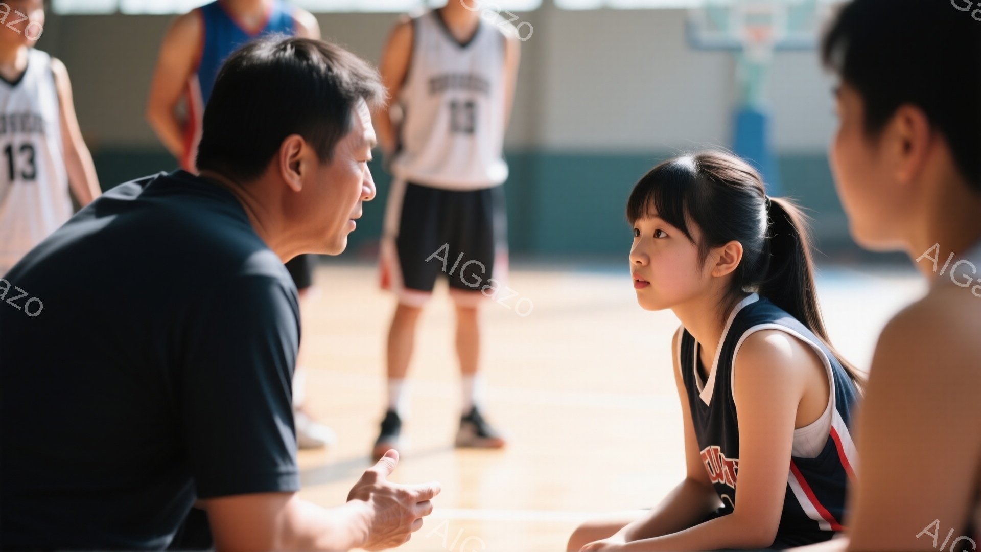 体育館の床に座る若い女性バスケットボール選手と、彼女に話しかけている年配の男性コーチが写っています。若い女性はポニーテールで、少し憂鬱そうな表情をしています。背景には他の選手たちがバスケットボールの練習をしている様子が見え、体育館の明るい照明と木製の床が広がり、練習風景を強調しています。