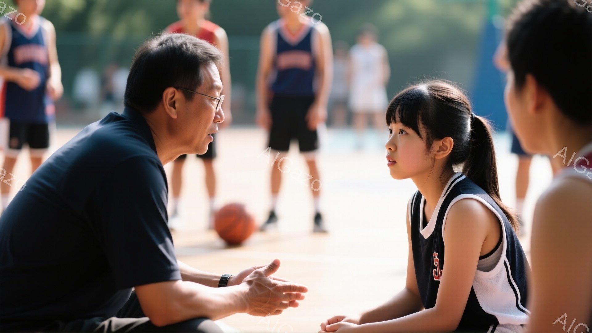 バスケットボールコートに、年配の男性コーチと少女が膝を並べて座り、真剣な表情で会話をしています。少女はポニーテールで、バスケットボールのユニフォームを着ており、コーチは紺色のシャツとズボン姿で、身振り手振りを交えながら話しています。背景には、他の選手たちがぼんやりと見え、コート全体は日差しに照らされ、暖かく穏やかな雰囲気です。
