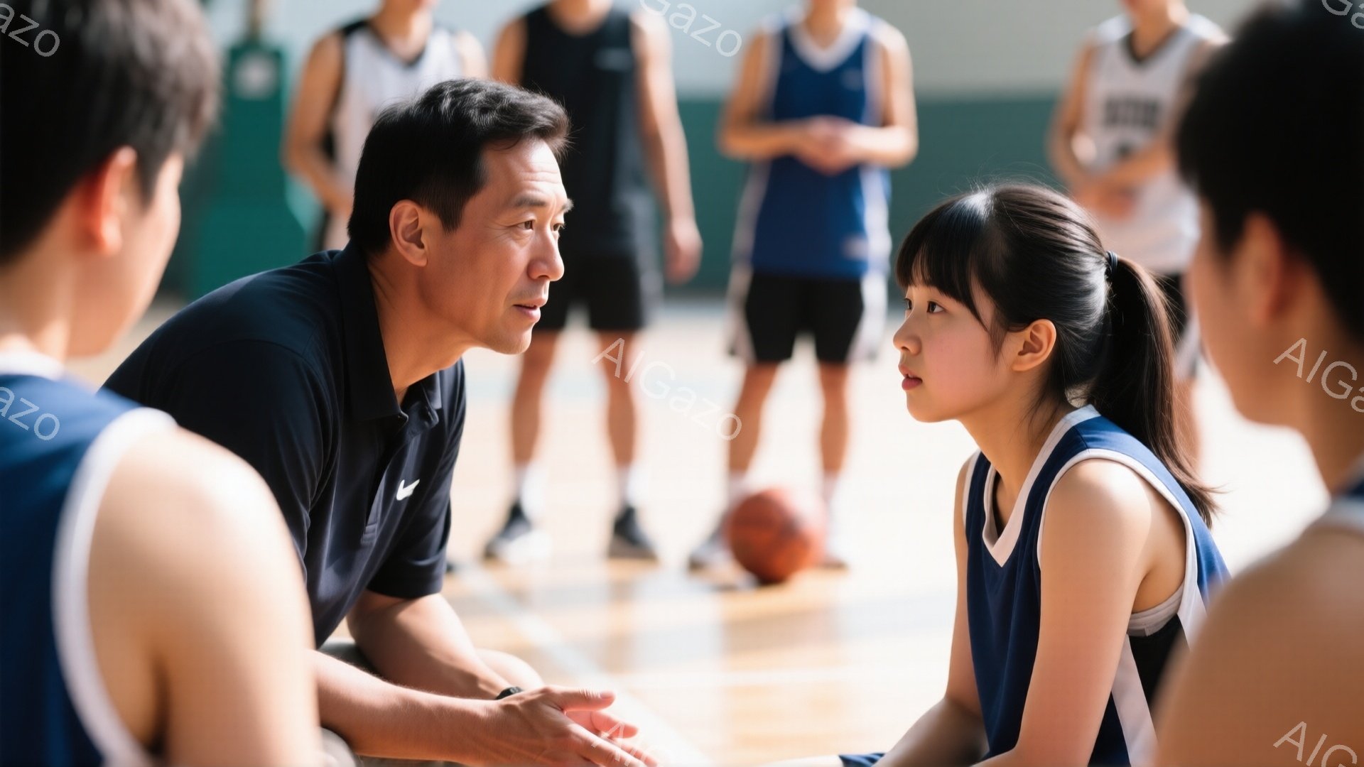 バスケットボールコート上で、男性コーチと若い女性選手が膝を屈ろして向かい合っている。コーチは黒いTシャツを着ており、真剣な表情で何かを説明しているようだ。背景には他の選手たちがぼんやりと見え、オレンジ - AI生成フリー素材