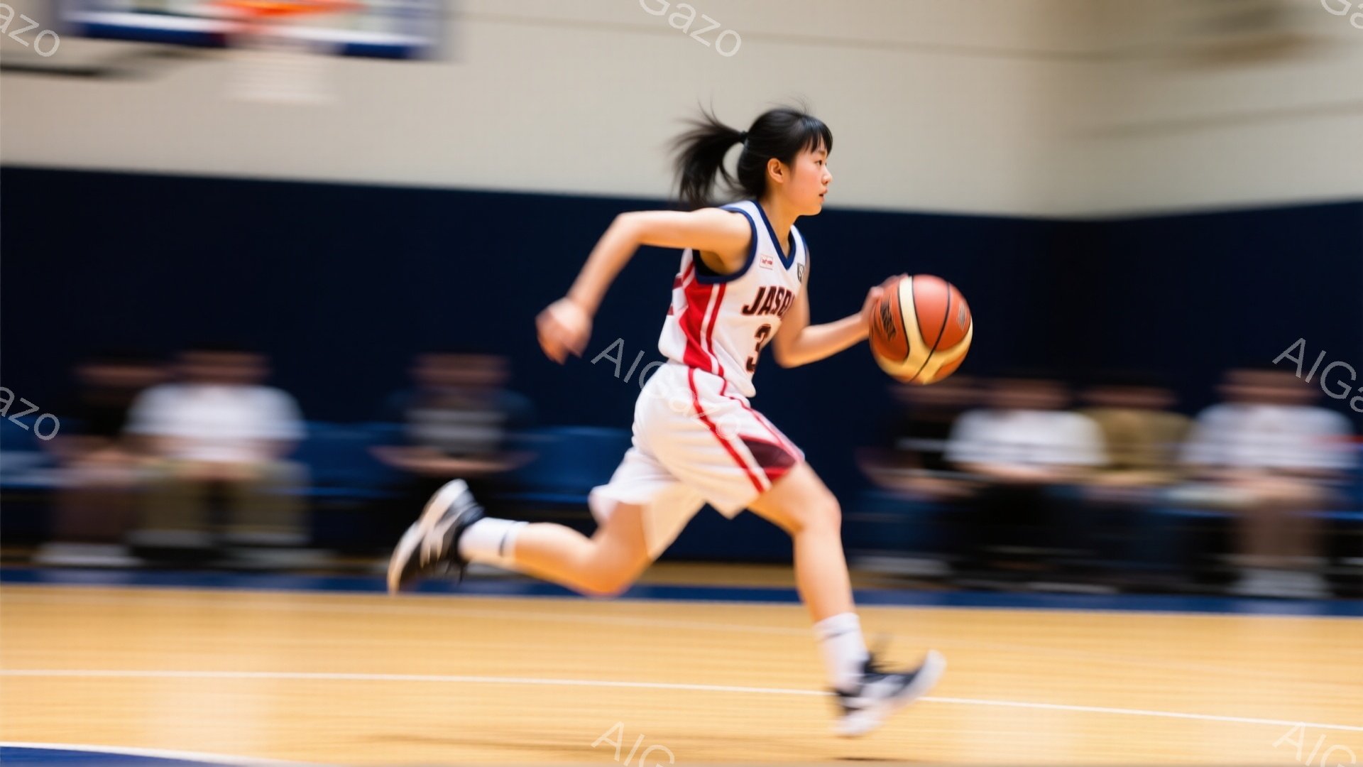 バスケットボールコートを走る若い女性選手が写っている。赤いメッシュのシャツ、黒いショートパンツ、白いソックス、黒いスニーカーを着用し、髪はポニーテールにしている。背景はぼやけており、観客席の一部が見えるが、全体的に運動と活気に満ちた雰囲気である。