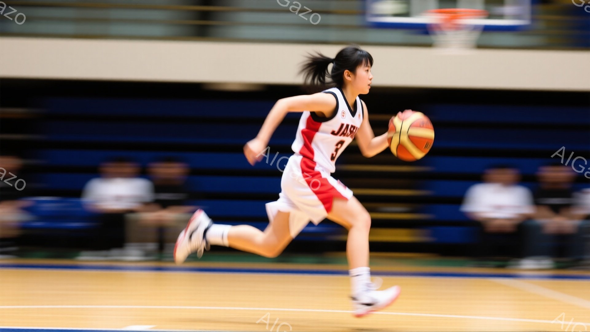 バスケットボールをする若い女性が写っている。彼女は赤いシャツと短い白いショーツ、白い靴下とスニーカーを着用し、髪をポニーテールにしている。彼女はボールを持って走り、動きのある姿が捉えられ、背景にはぼやけた観客席が見える。
