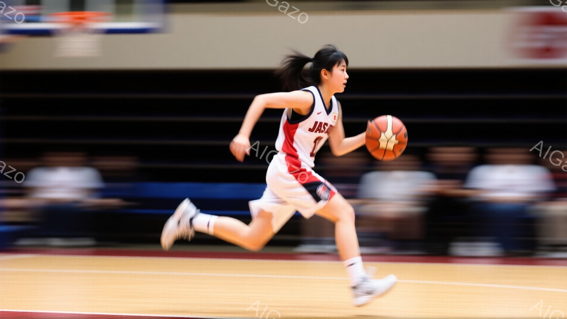 この画像は、バスケットボールコートでドリブルしている若い女性選手を捉えています。彼女は赤いタンクトップと黒いショートパンツを着用し、髪はポニーテールに結ばれています。背景はぼやけており、観客席とコートのラインが見えますが、試合の勢いとスピード感が強調されています。