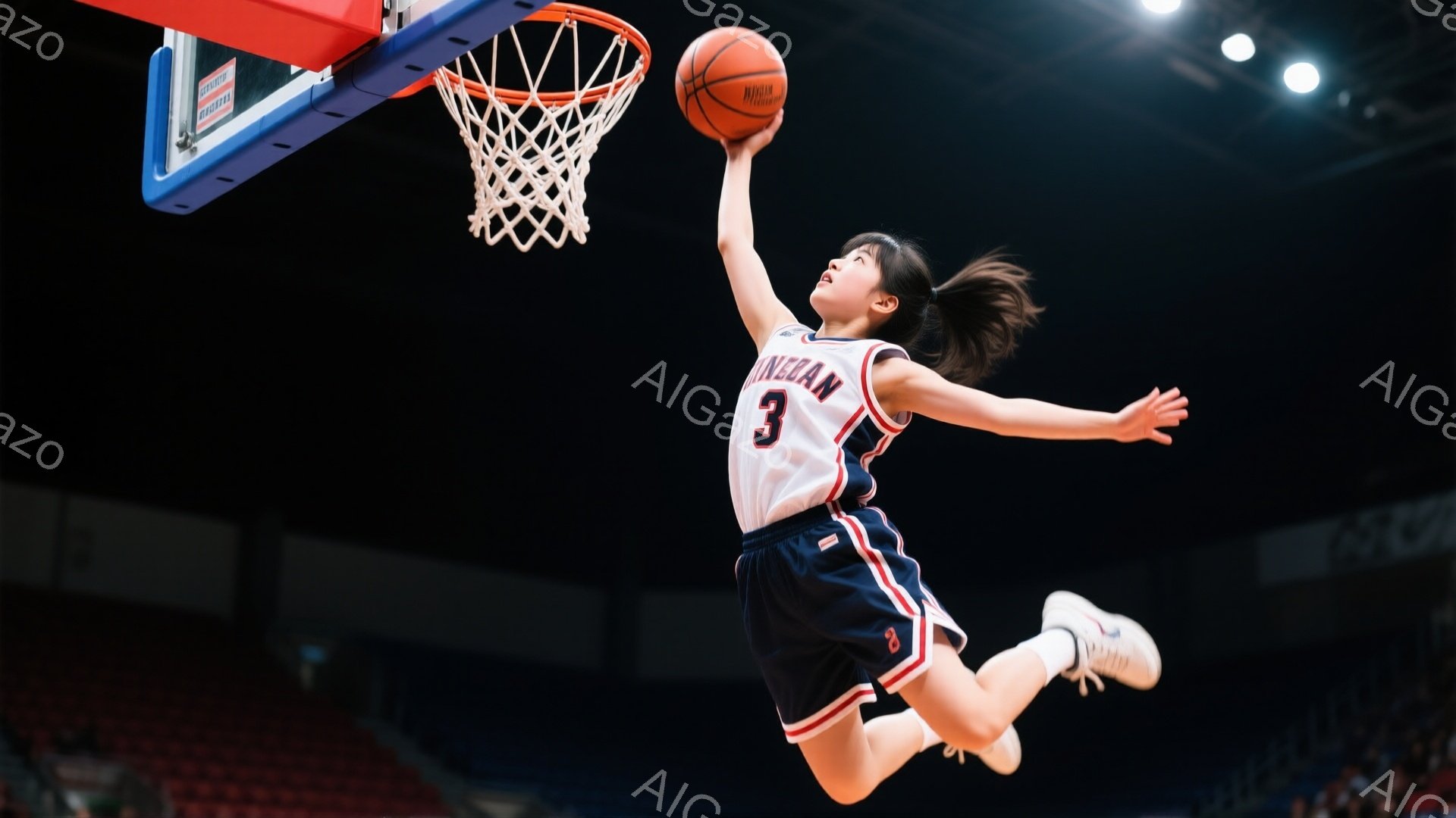 バスケットボールのコートで、若い女性選手がダンクシュートを試みて空中でボールを掴んでいます。彼女は白とネイビーのユニフォーム、背番号３をつけ、髪をポニーテールにしています。背景にはぼやけた観客席と照明が映り、躍動感と競技場の熱気を伝えています。
